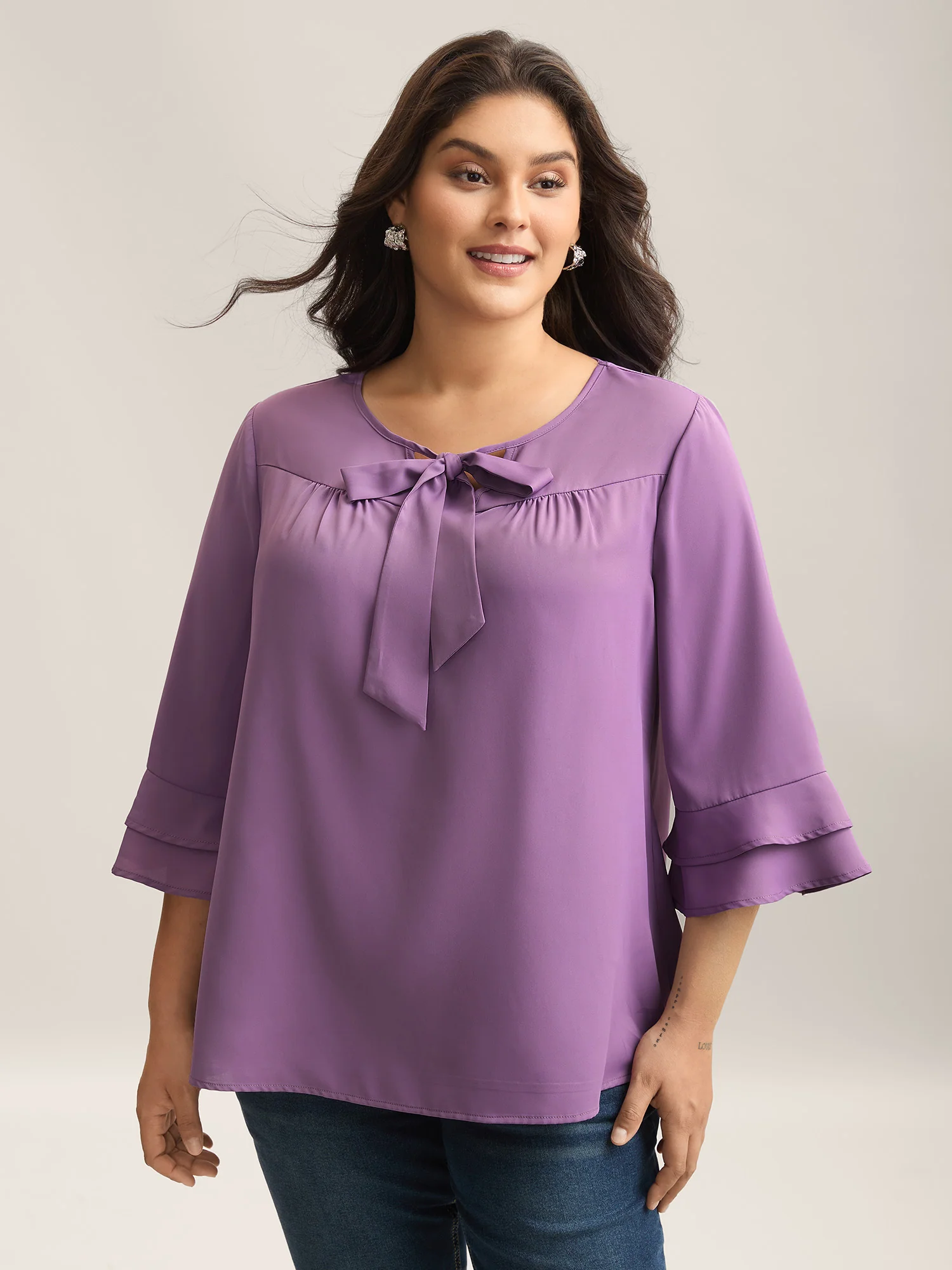 Solid Ribbon Tied Collar Bell Sleeve Blouse