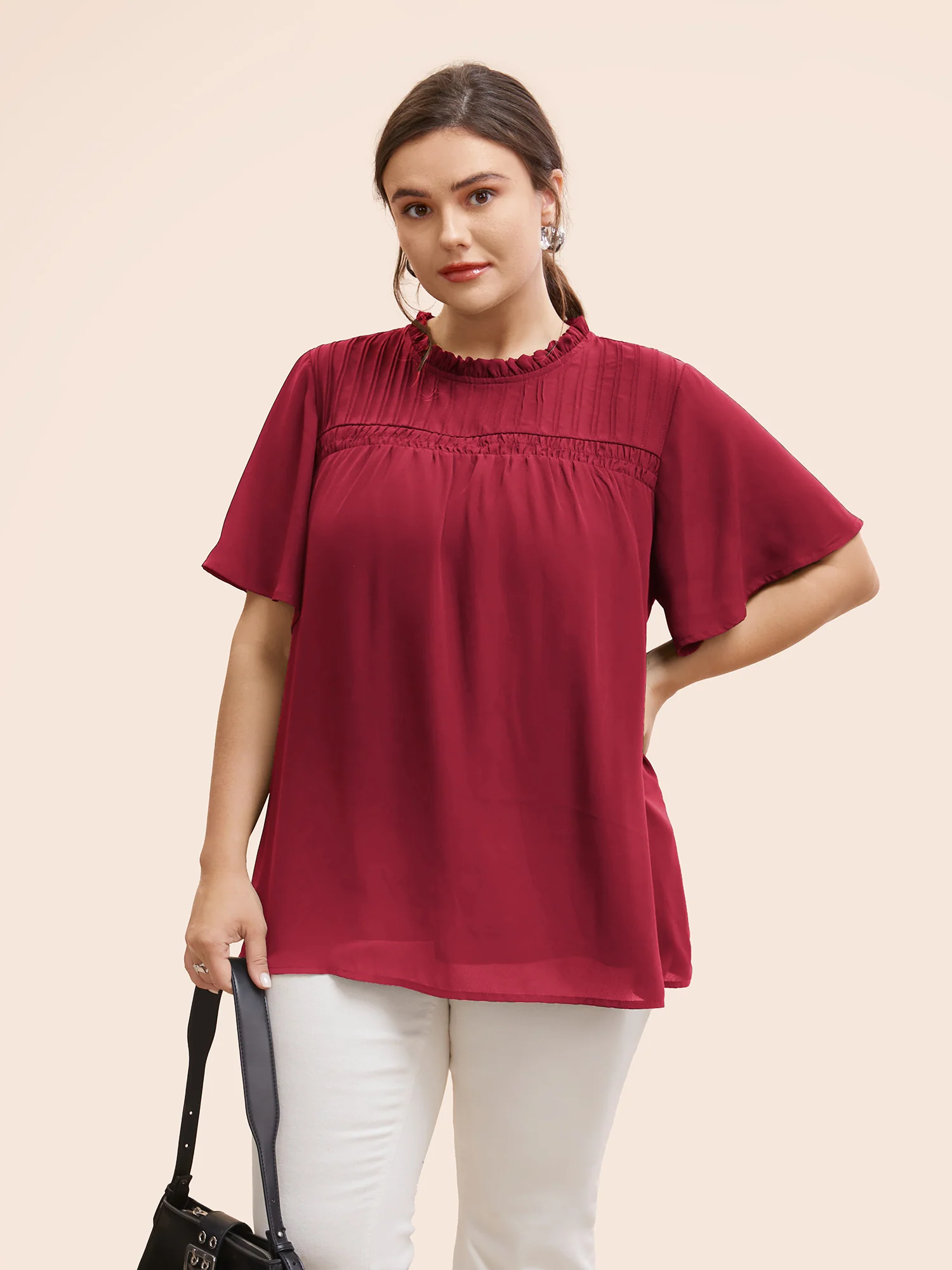 Anti-Wrinkle Shirred Ruffle Sleeve Mesh Frill Trim Blouse - Image 16