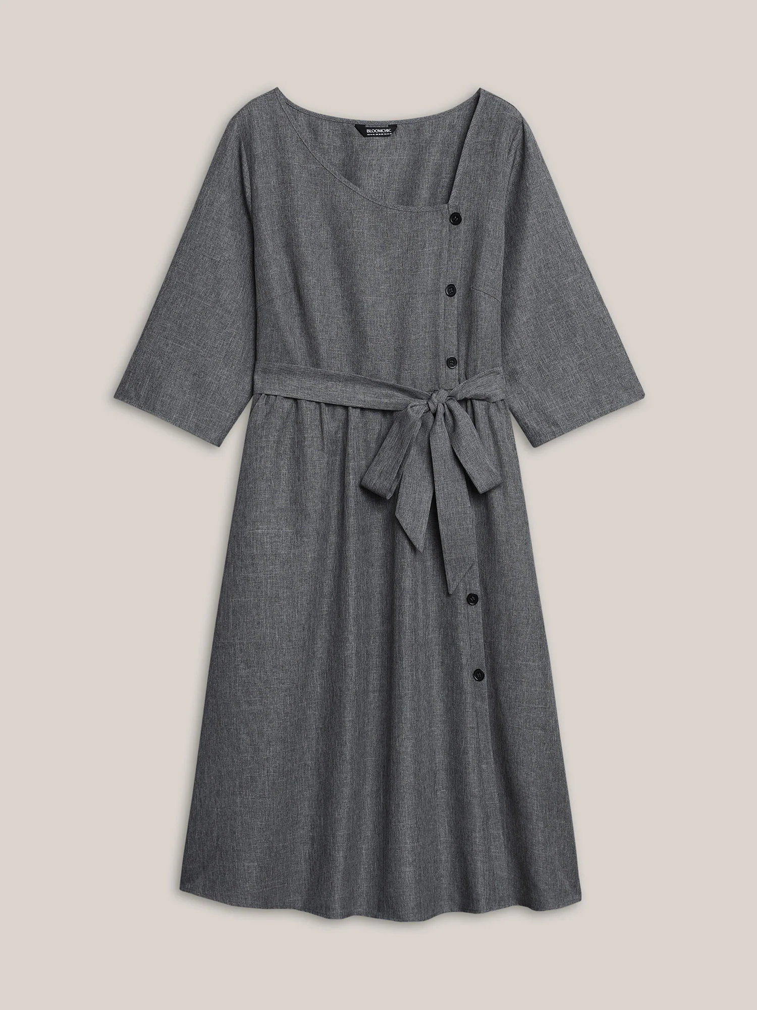 Asymmetrical Neckline Belted Pockets Midi Dress - Image 8