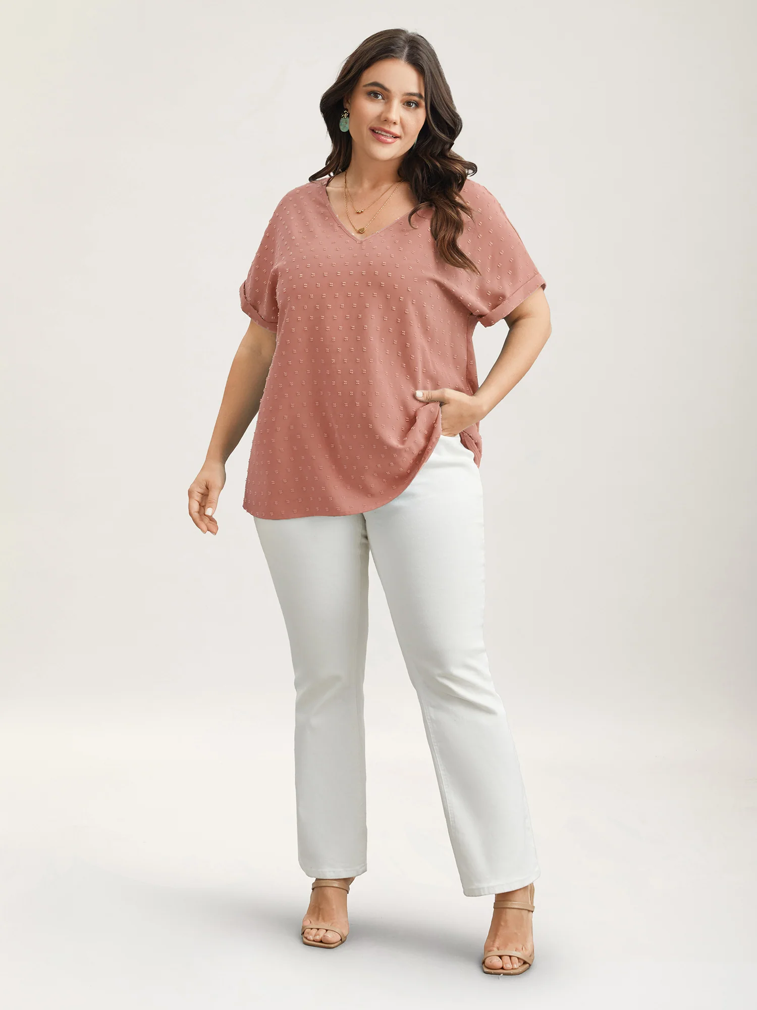 Back-Button Textured V-Neck Shirt - Image 15