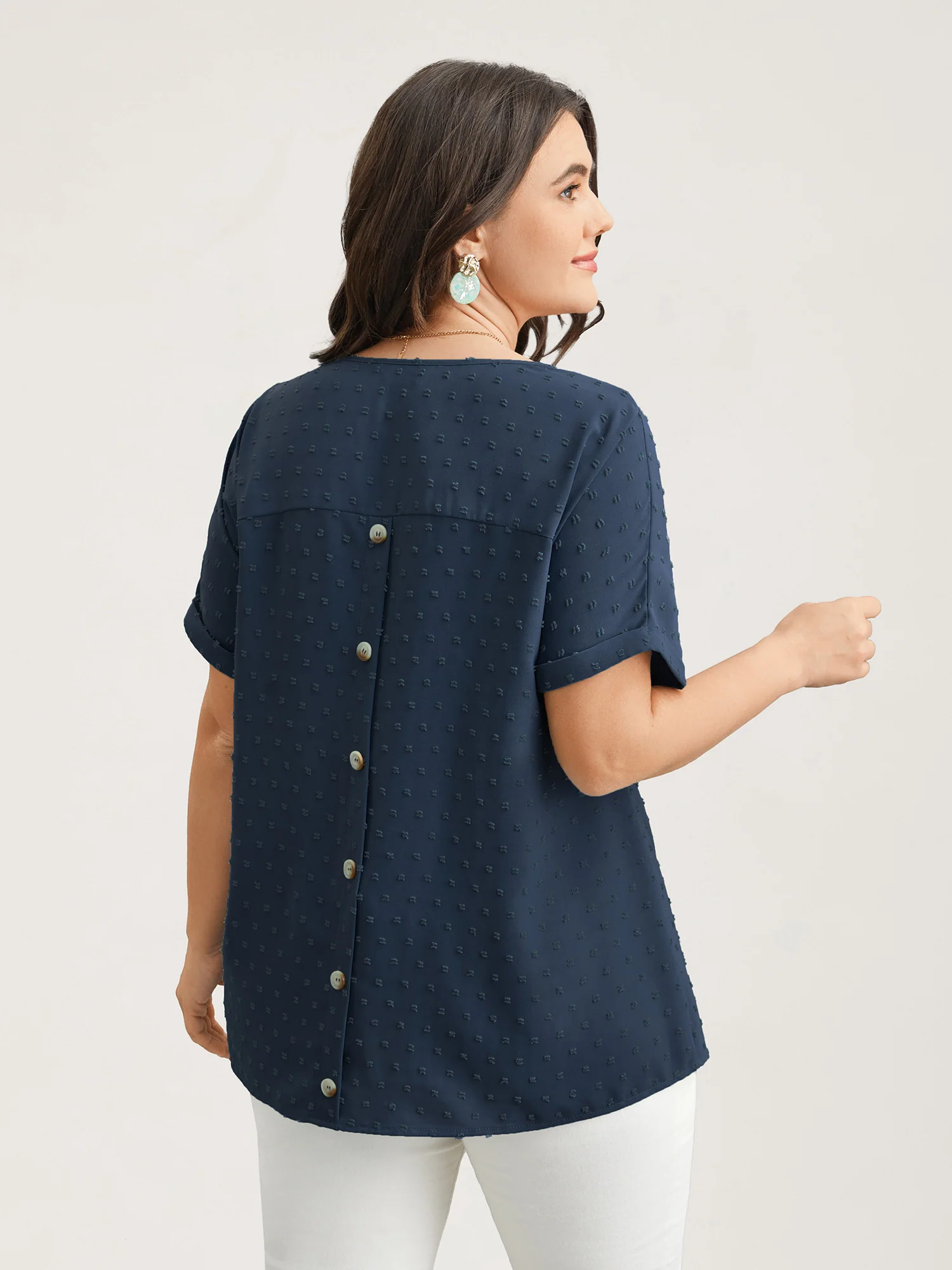 Back-Button Textured V-Neck Shirt - Image 24