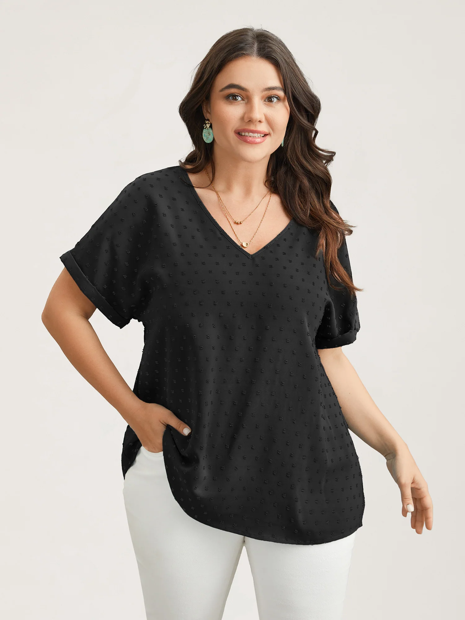 Back-Button Textured V-Neck Shirt - Image 36