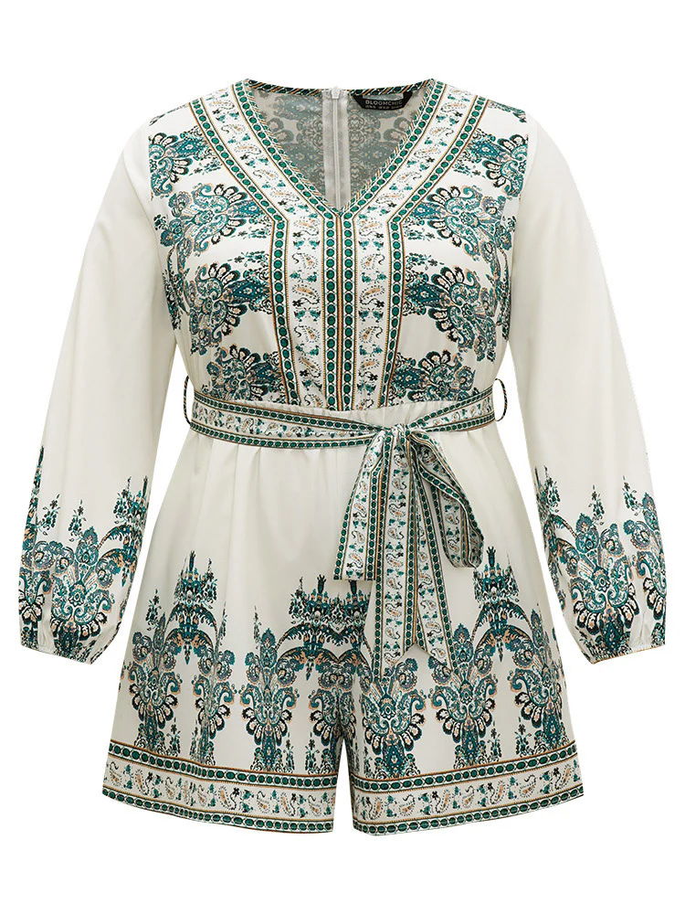 Bandana Print Belted V Neck Romper - Image 10