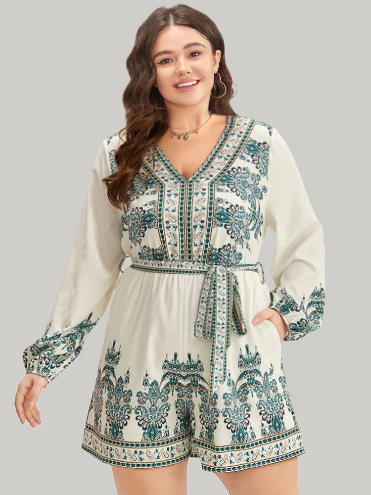 Bandana Print Belted V Neck Romper - Image 5