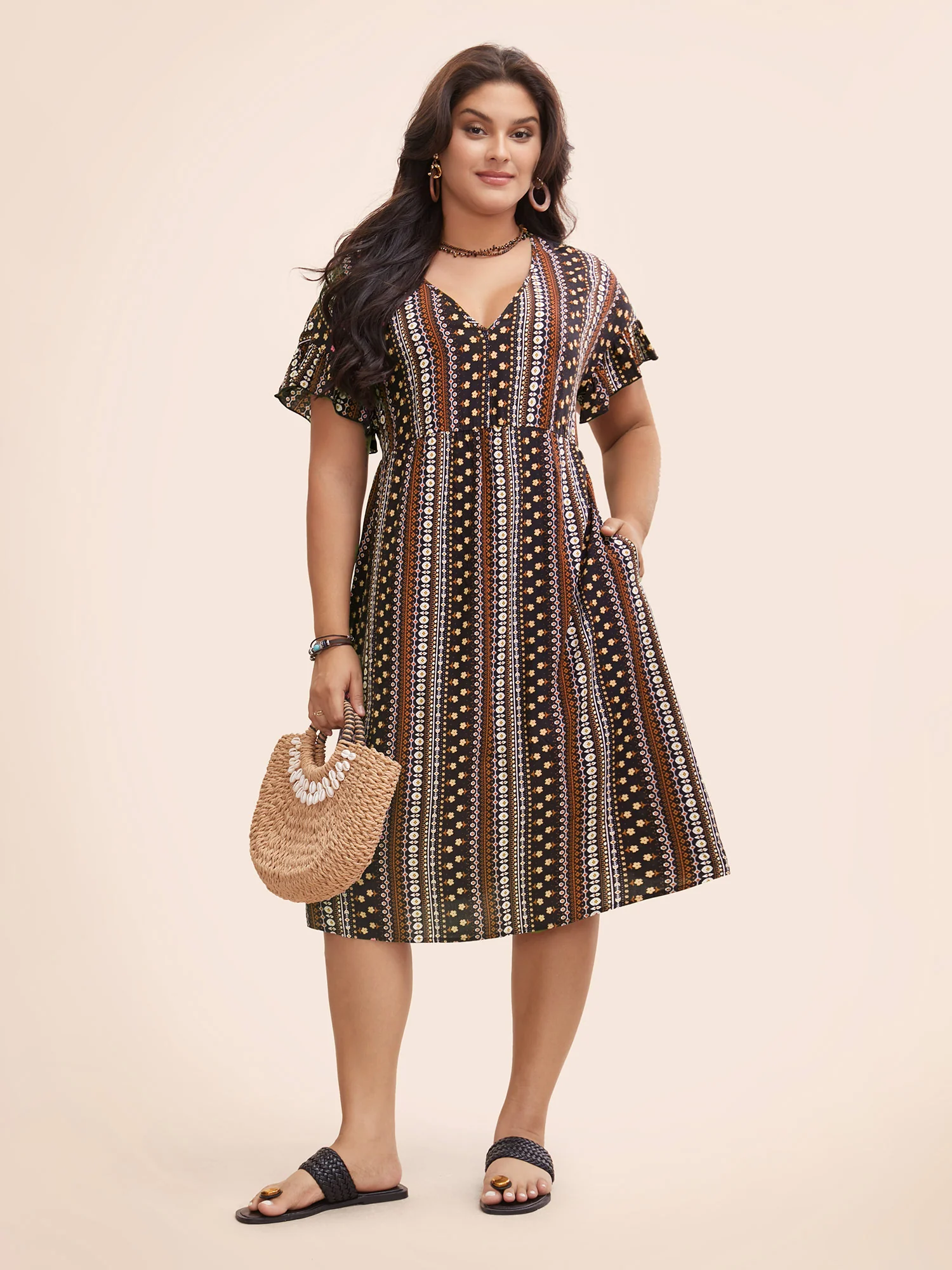 Bandana Print Pocket V Neck Ruffle Sleeve Dress