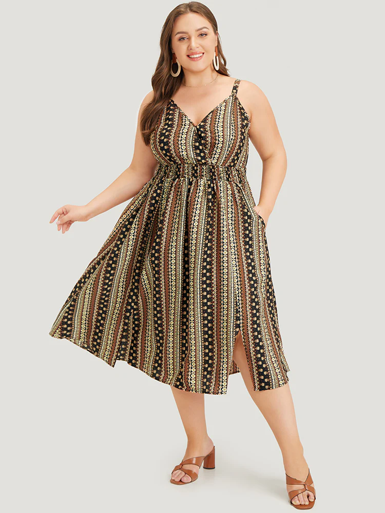 Bandana Print Shirred Pocket Split Wrap Cami Dress