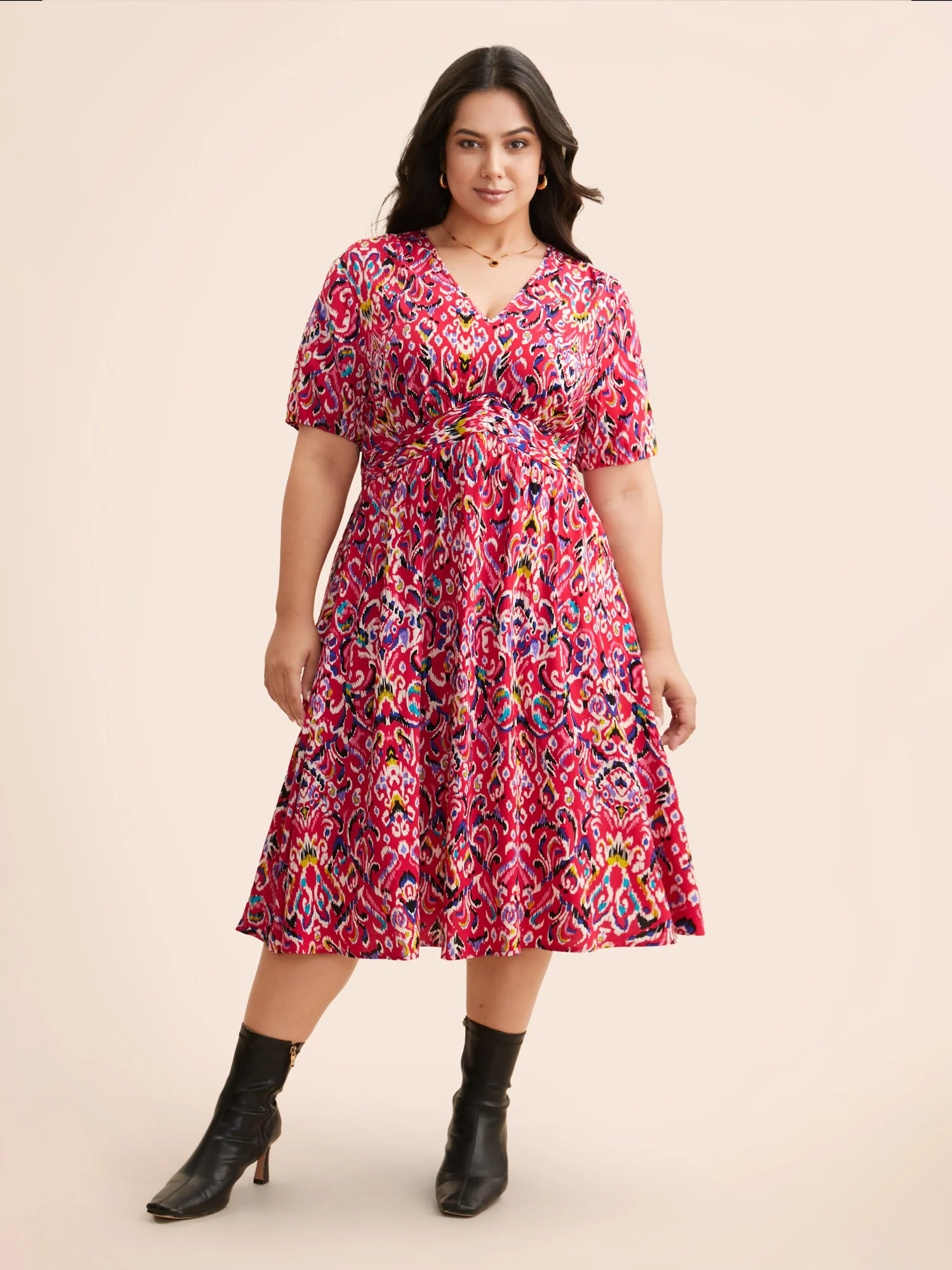 Bandana Print V Neck Shirred Gathered Dress - Image 10