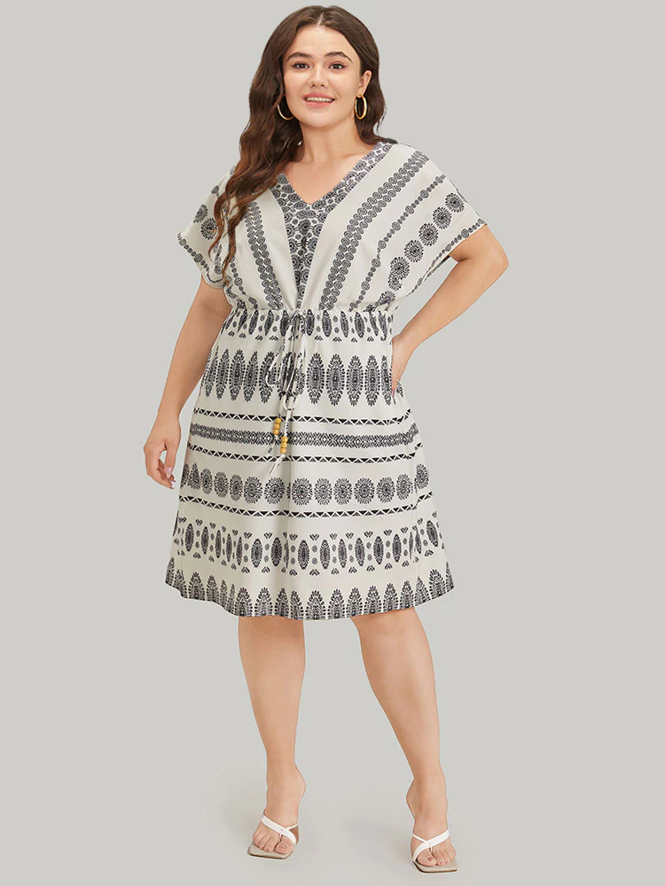 Boho Print V Neck Dolman Sleeve Drawstring Dress