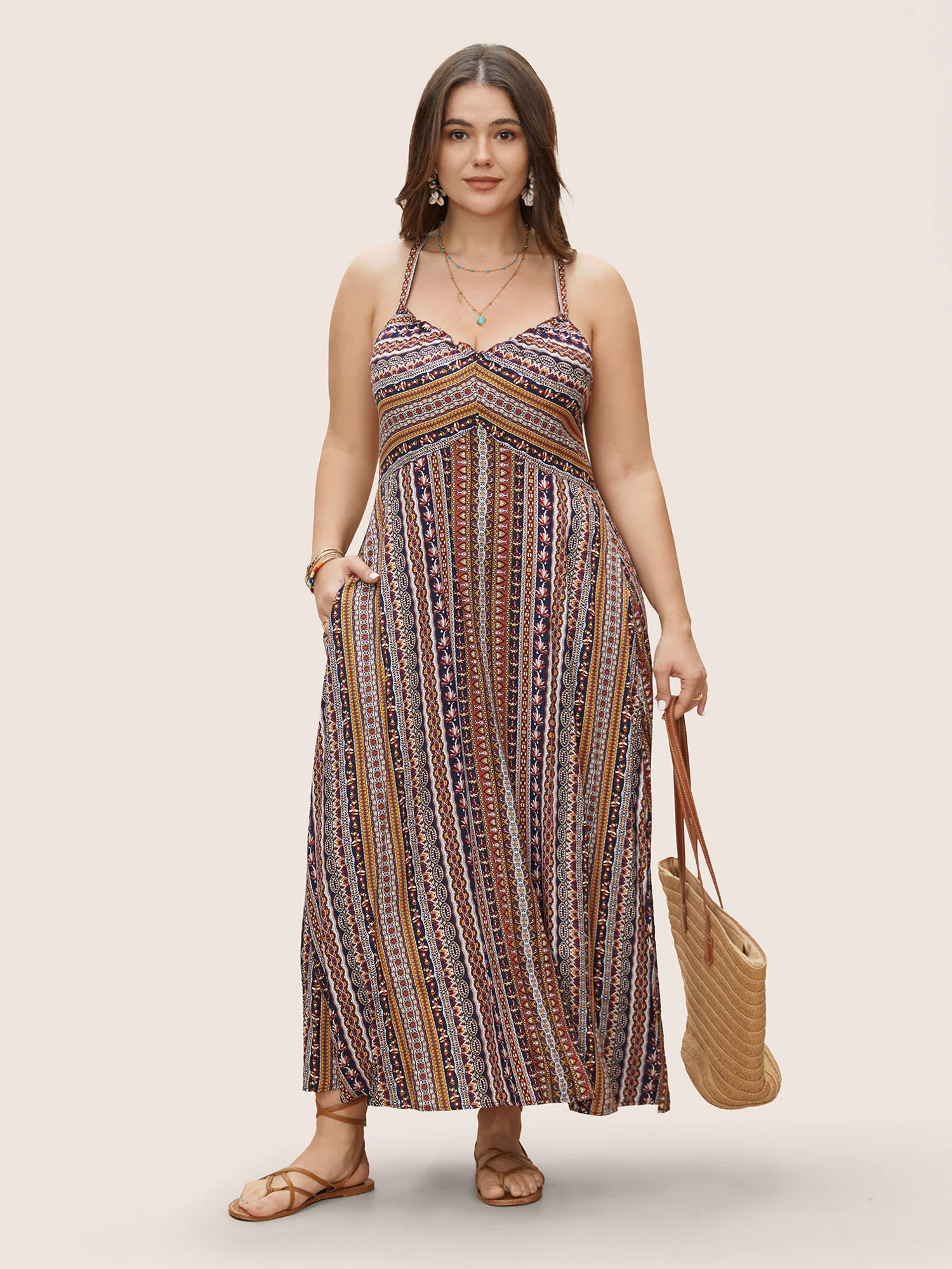 Boho Print Elastic Waist Split Hem Cami Dress - Image 2