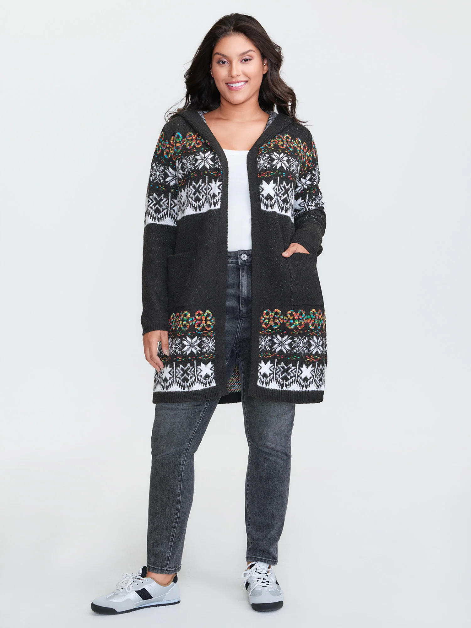 Boho Print Jacquard Hooded Knit Cardigan - Image 12