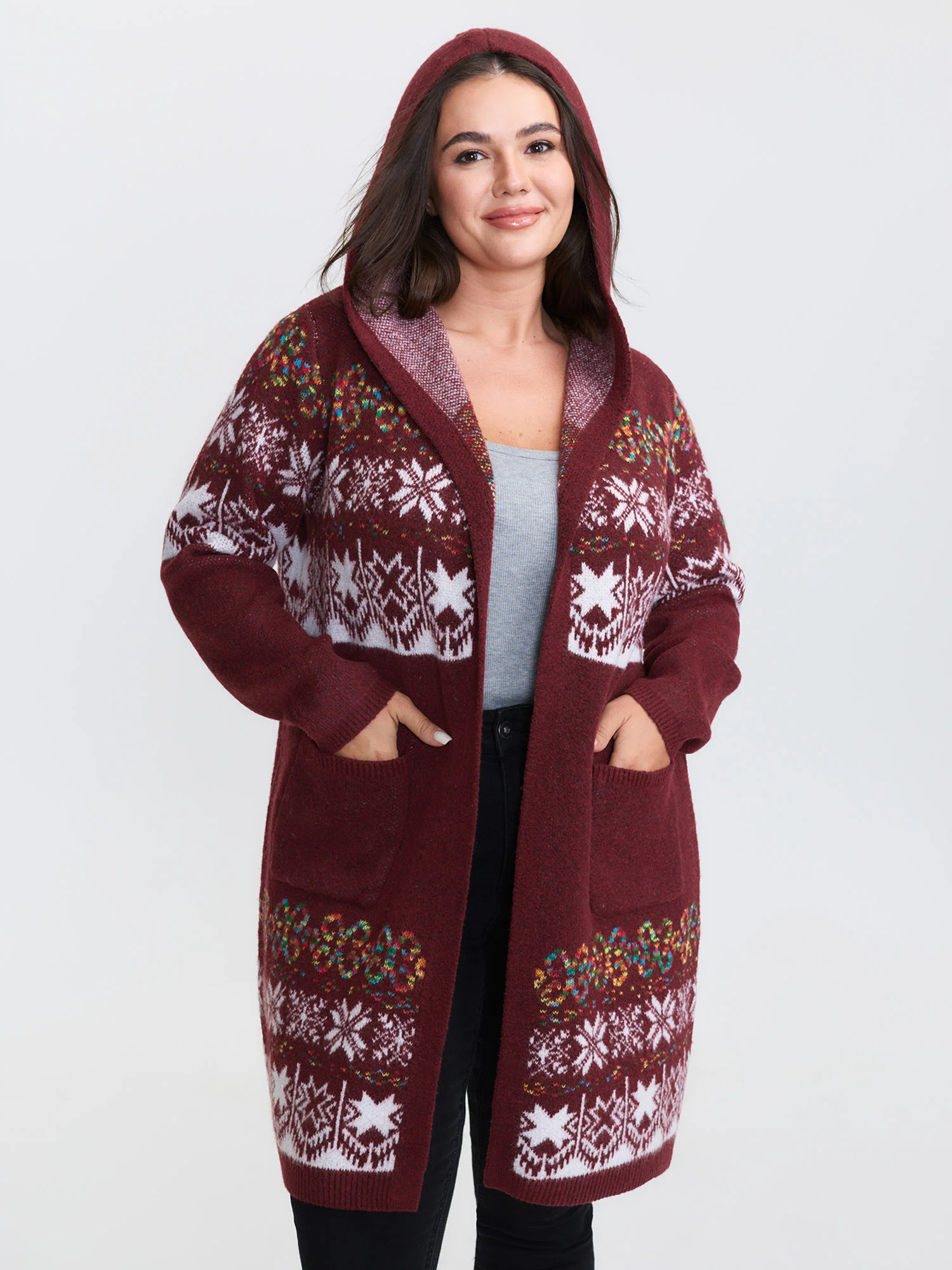 Boho Print Jacquard Hooded Knit Cardigan - Image 39