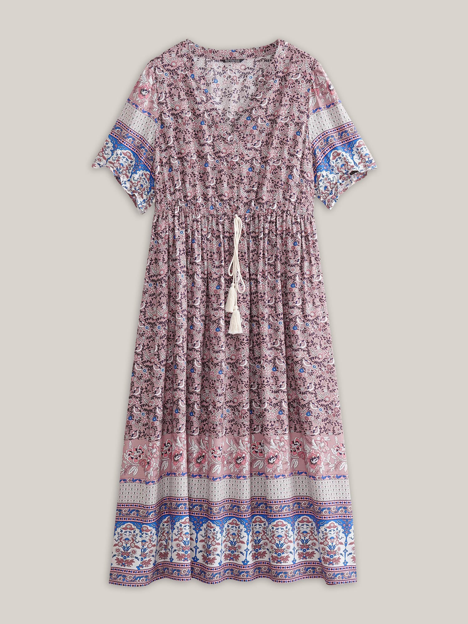 Boho Print Notched Ties Tassel Trim Dress - Image 16