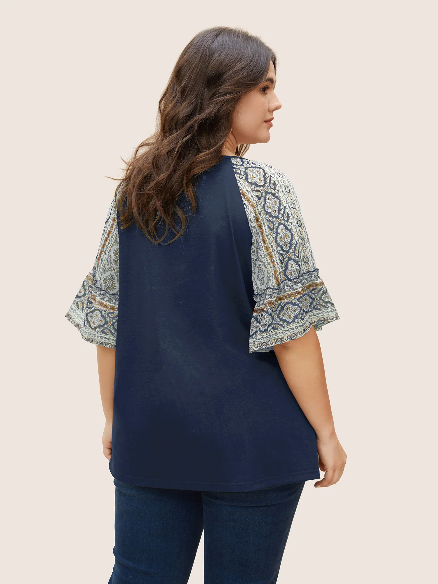 Boho Print Patchwork Raglan Sleeve T-shirt - Image 8