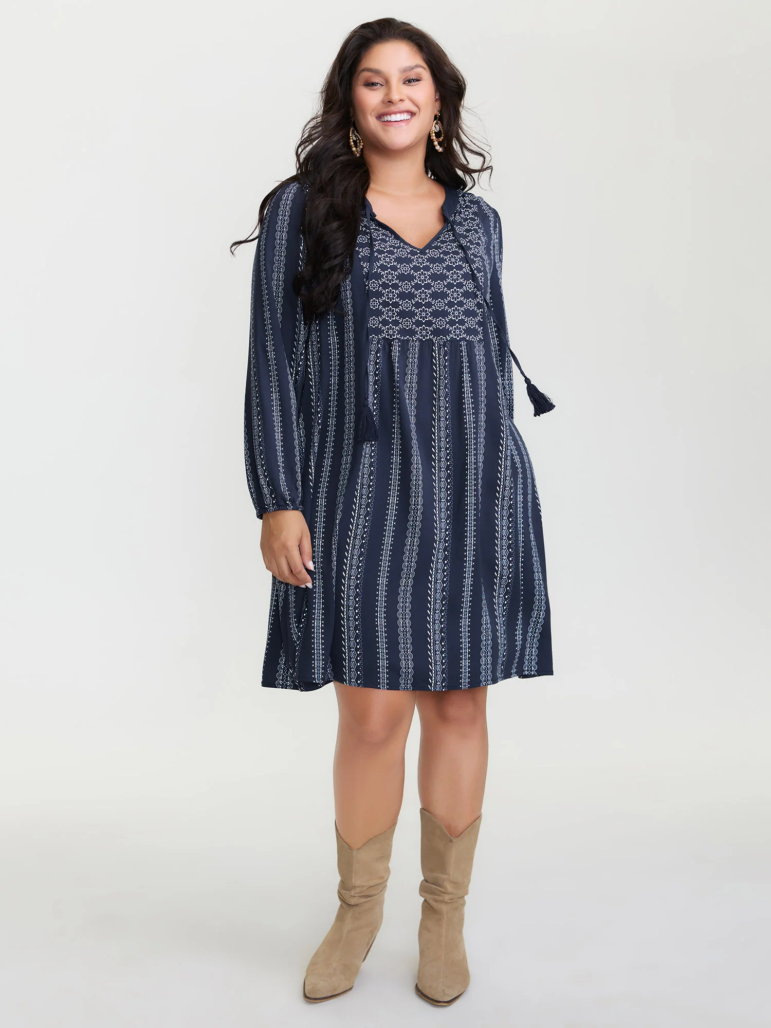 Boho Stripe Notched Collar Ties Midi Dress - Image 3