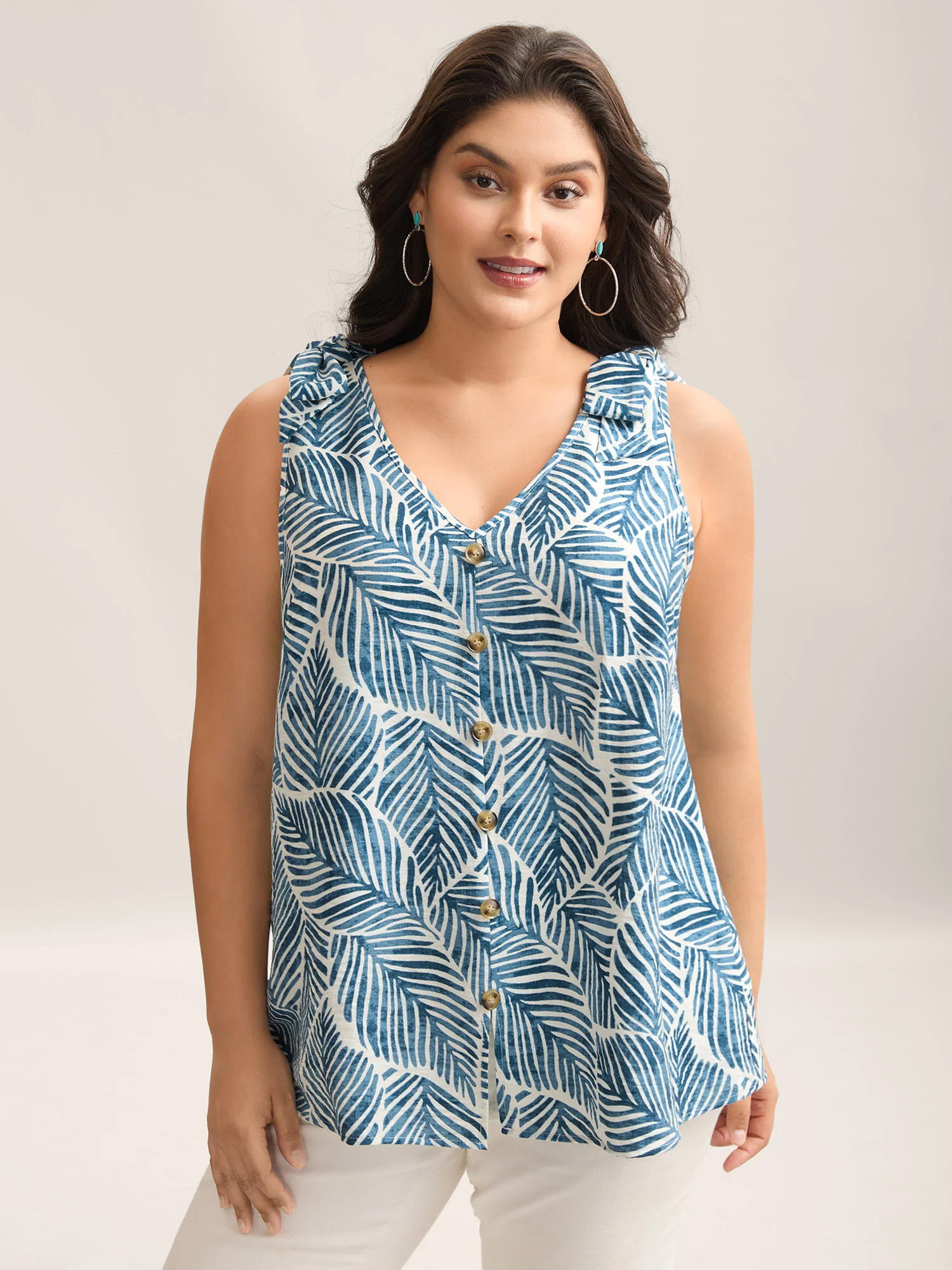 Bow Shoulder Leaf Print Button Tank Top