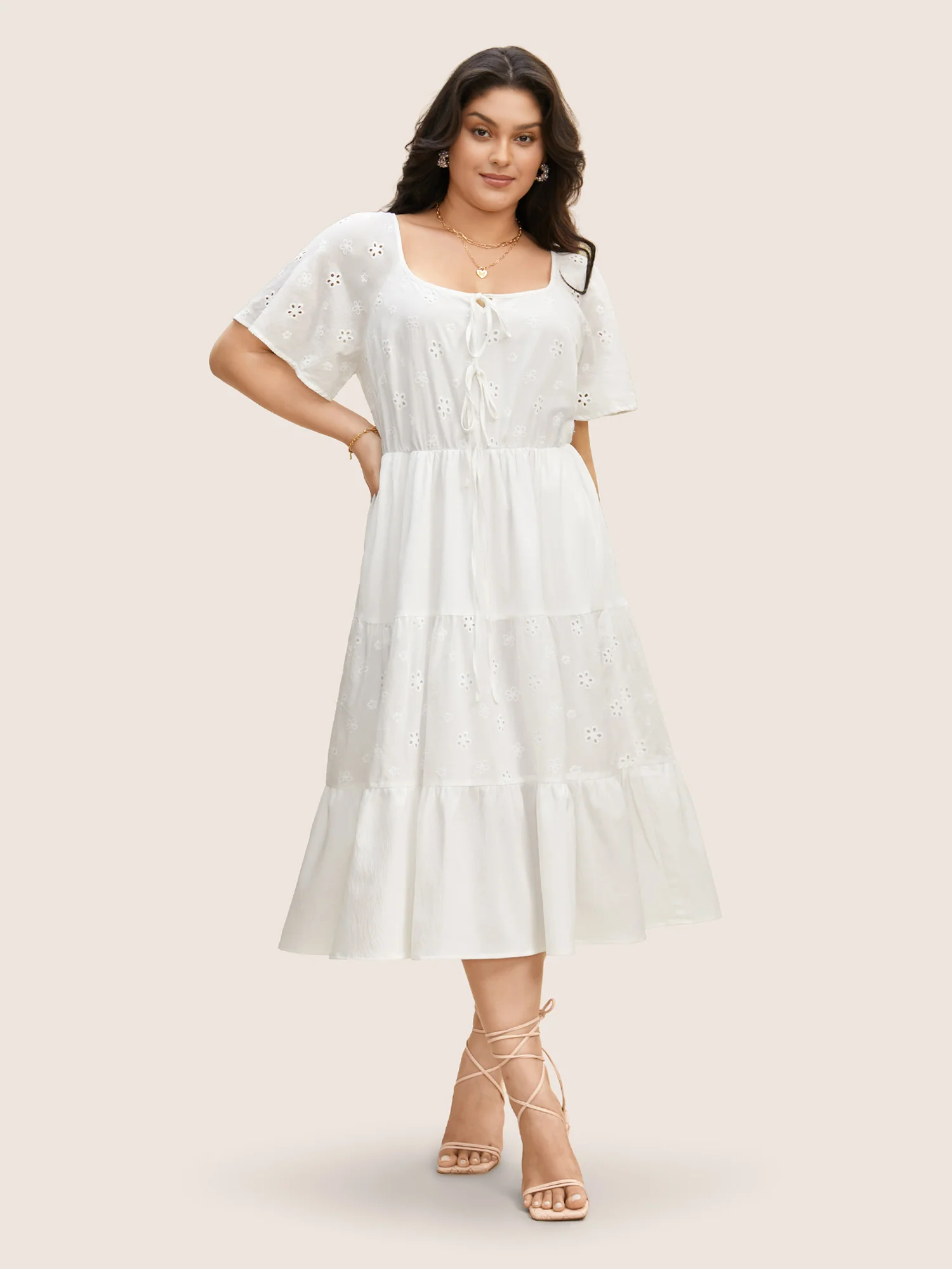 Broderie Anglaise Ties Ruffle Layered Hem Dress - Image 2