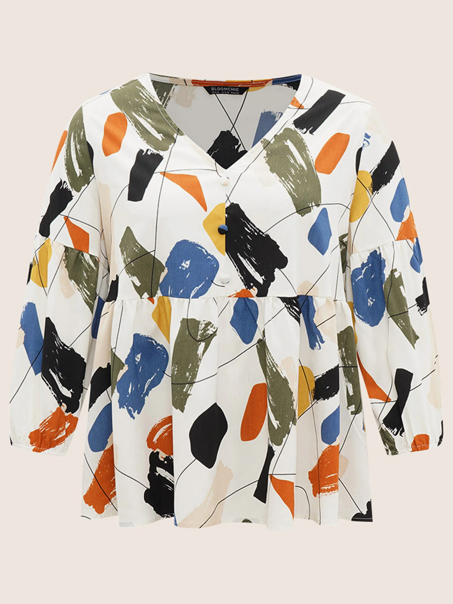 Brush Print Button Detail Elastic Cuffs Blouse - Image 8