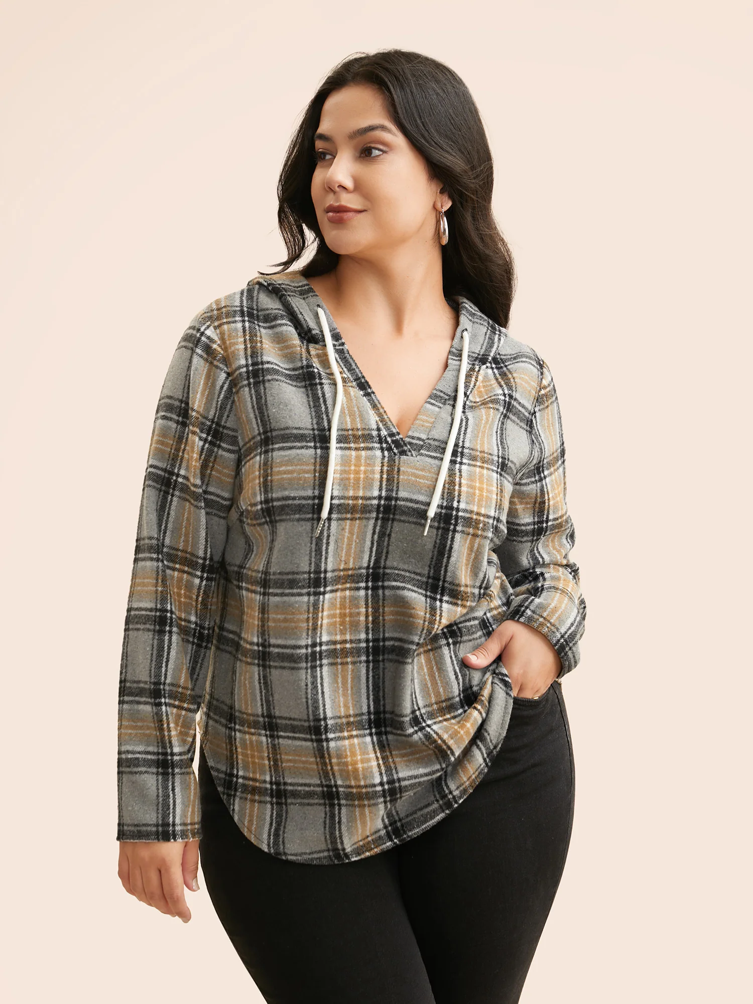Brushed Fabric Plaid Hooded Sweatshirt - Image 10