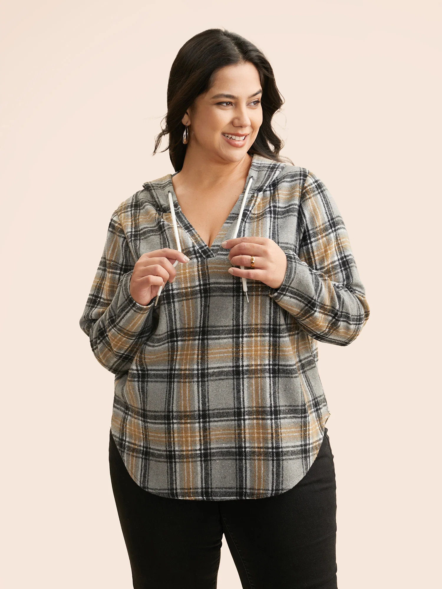 Brushed Fabric Plaid Hooded Sweatshirt - Image 9