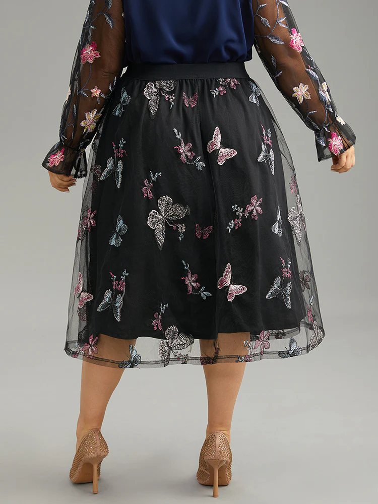 Butterfly Embroidered Mesh Elastic Waist Skirt - Image 2