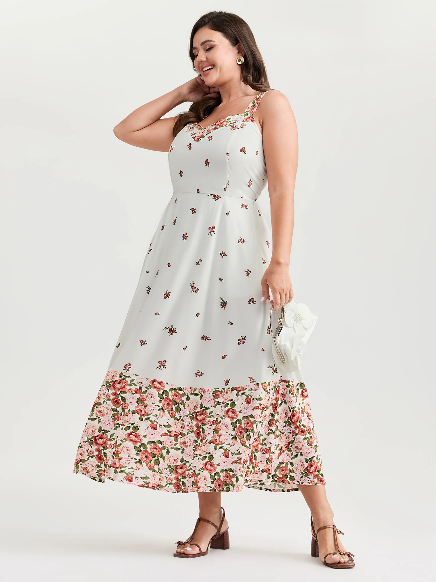 Cable Knit Floral Shirred Back Midi Dress