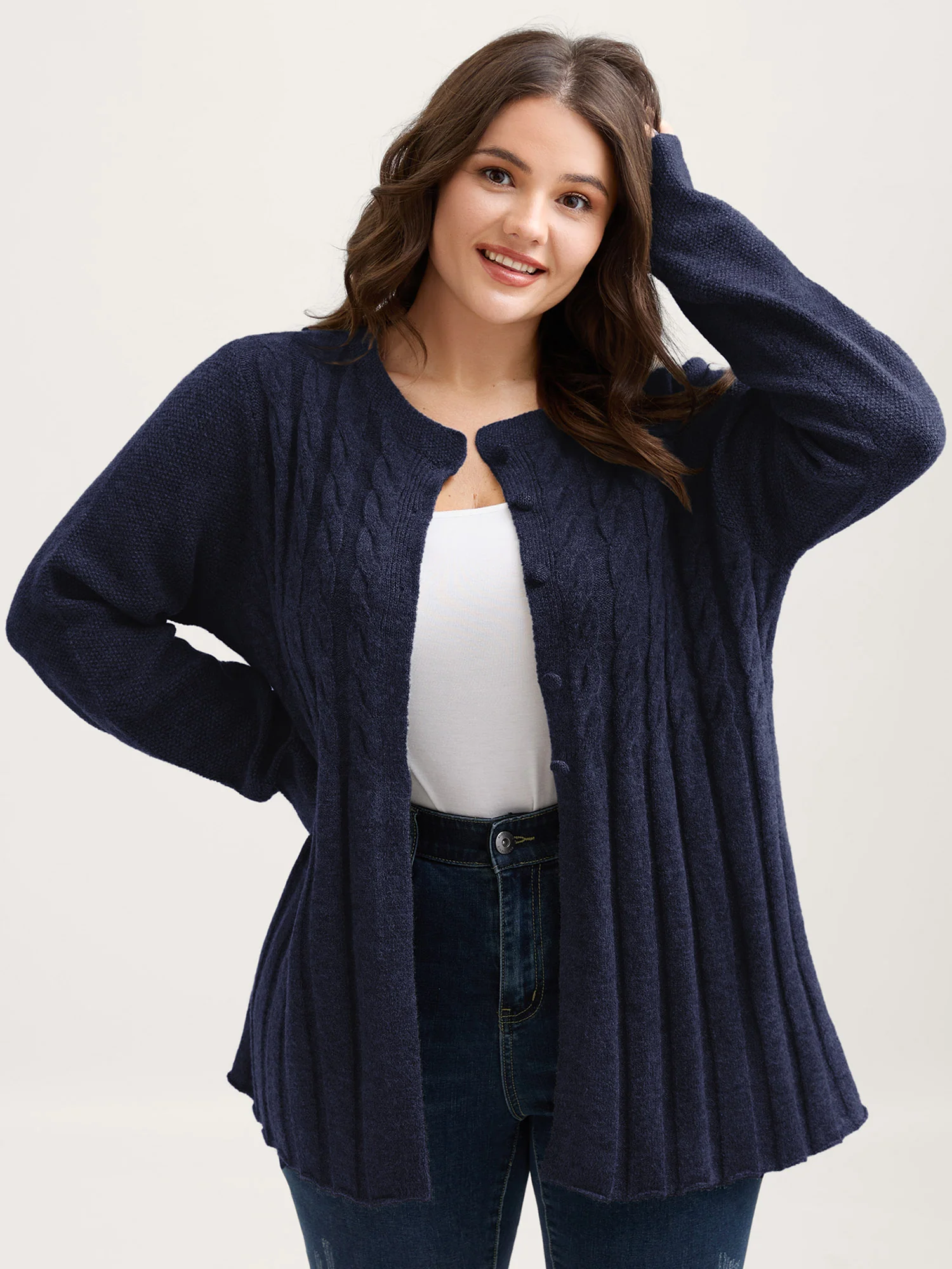 Cable Knit Round Neck Button Knit Cardigan - Image 22