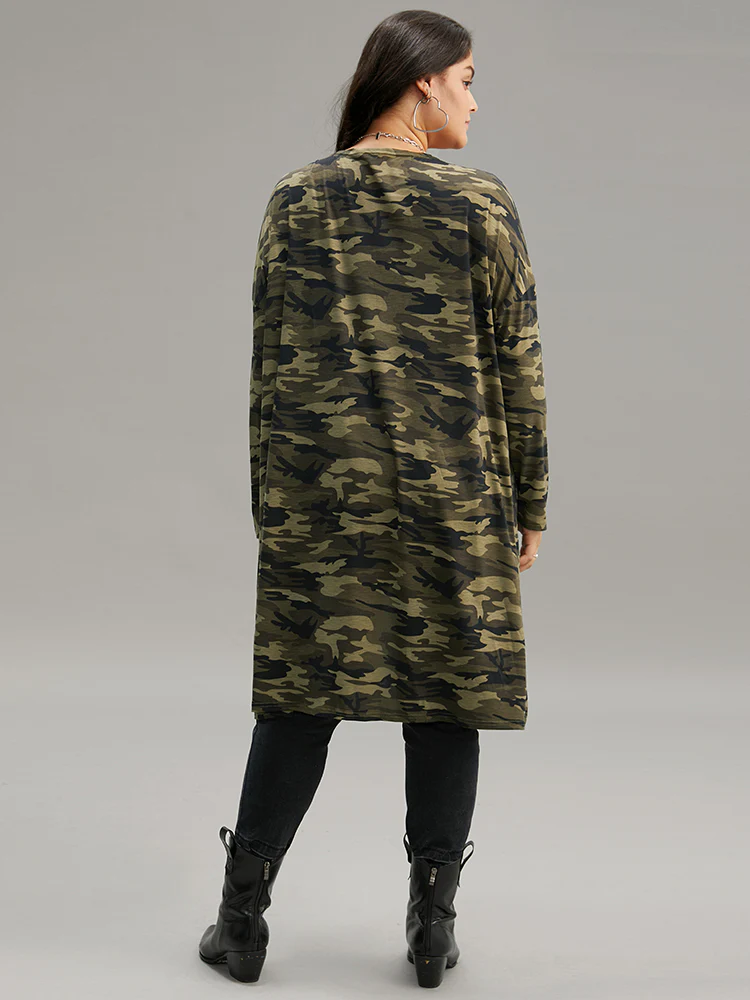 Camo Print Drape Open Front Pocket Coat - Image 2