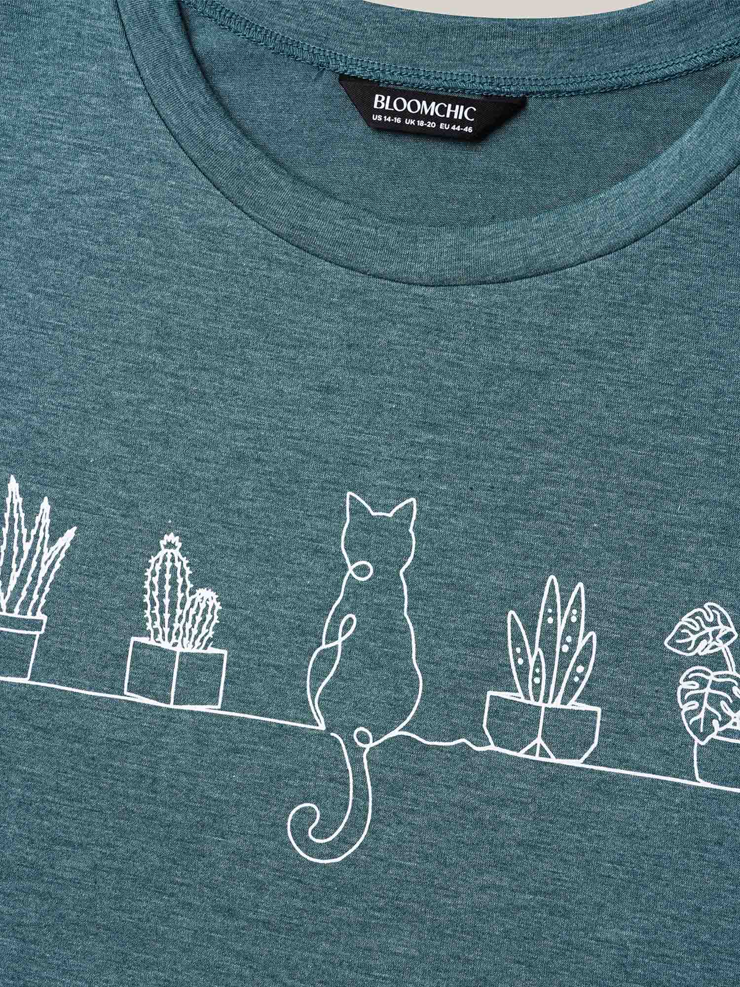 Cat Print Crew Neck Stretchy T-Shirt - Image 6