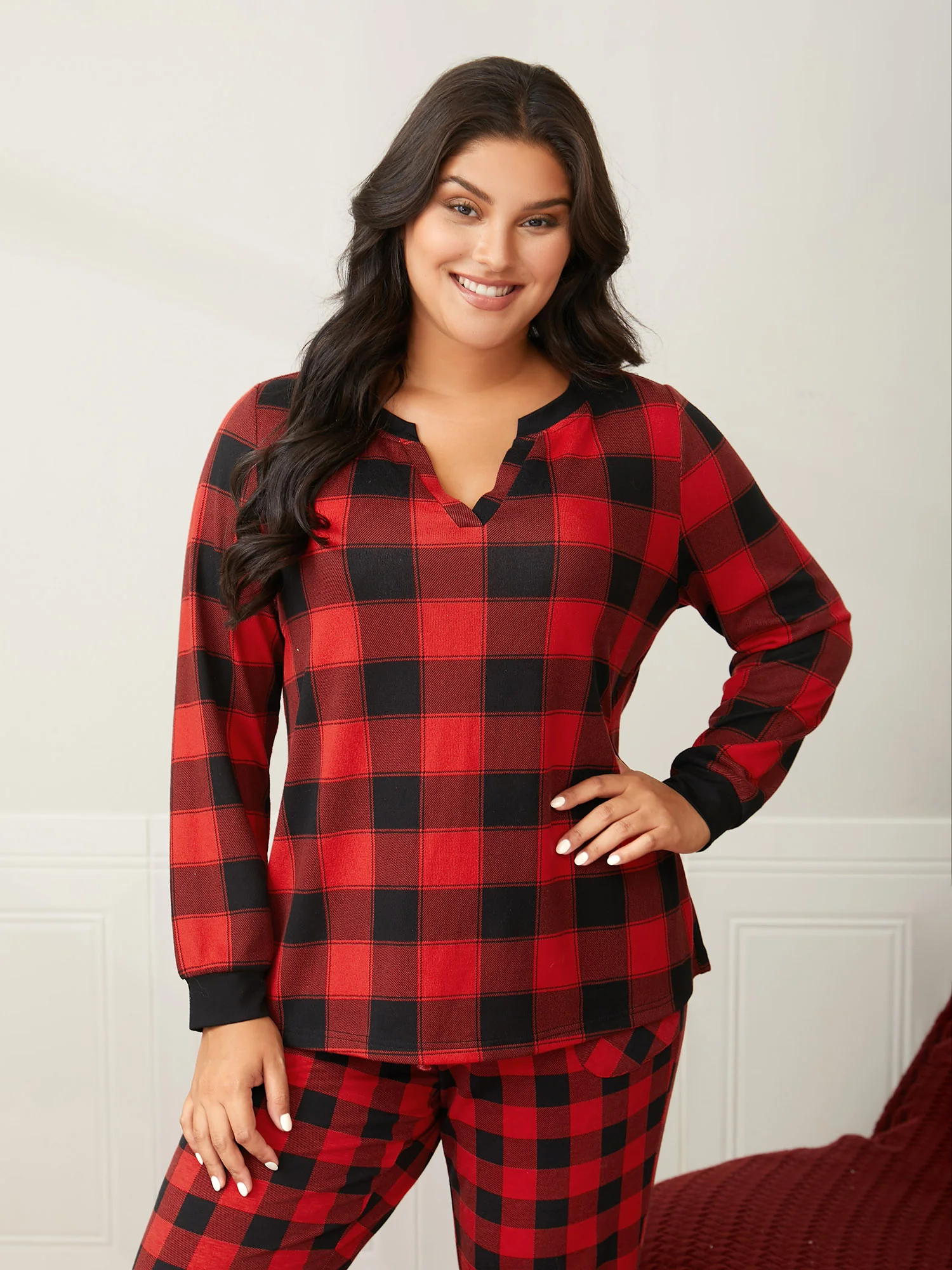 Checkered Contrast Collar Sleep Top - Image 4