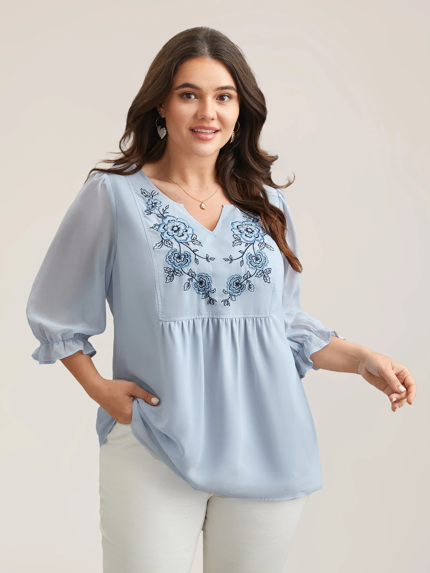 Chiffon Embroidery Puff Sleeve Pleated Shirt - Image 5