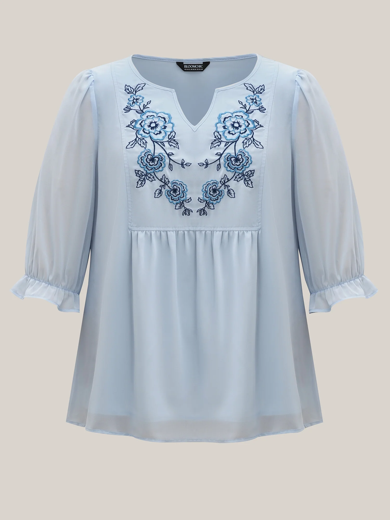 Chiffon Embroidery Puff Sleeve Pleated Shirt - Image 9