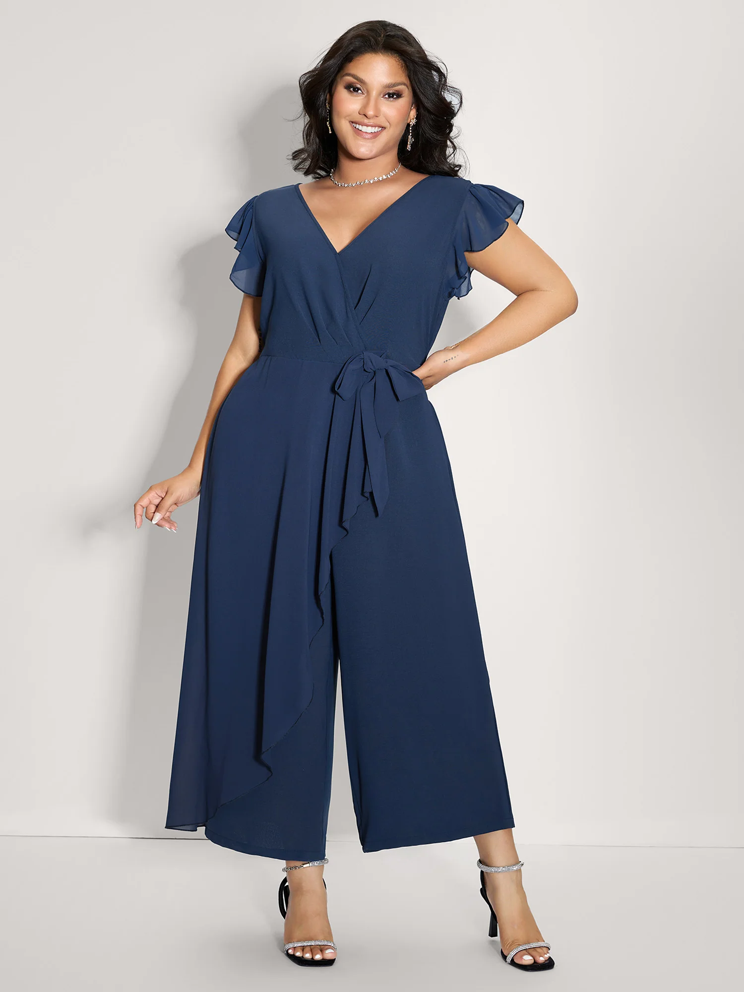 Chiffon Flutter Sleeve Tummy-Friendly Jumpsuit