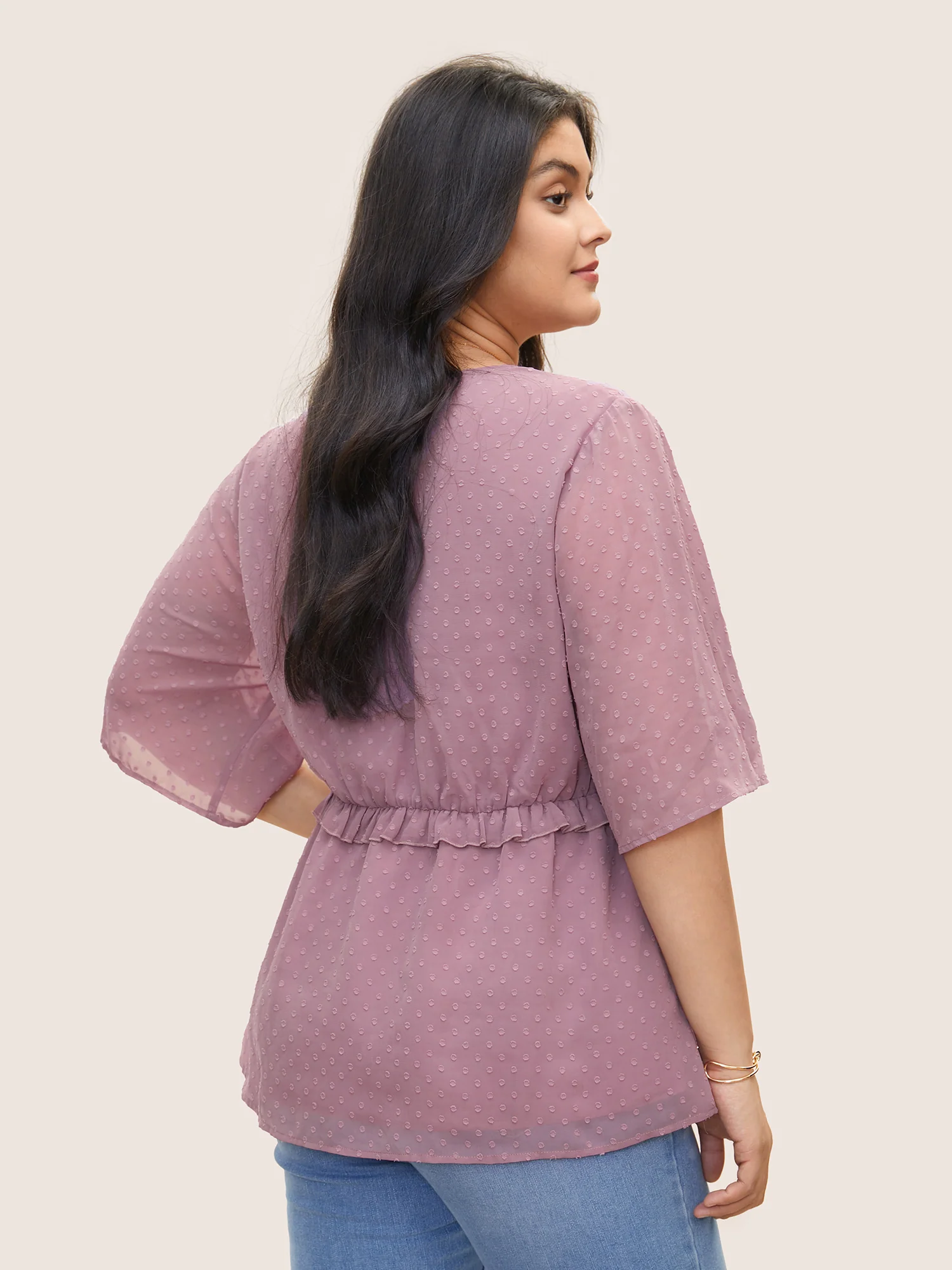 Chiffon Mesh Texture Polka Dot Frill Trim Blouse - Image 4