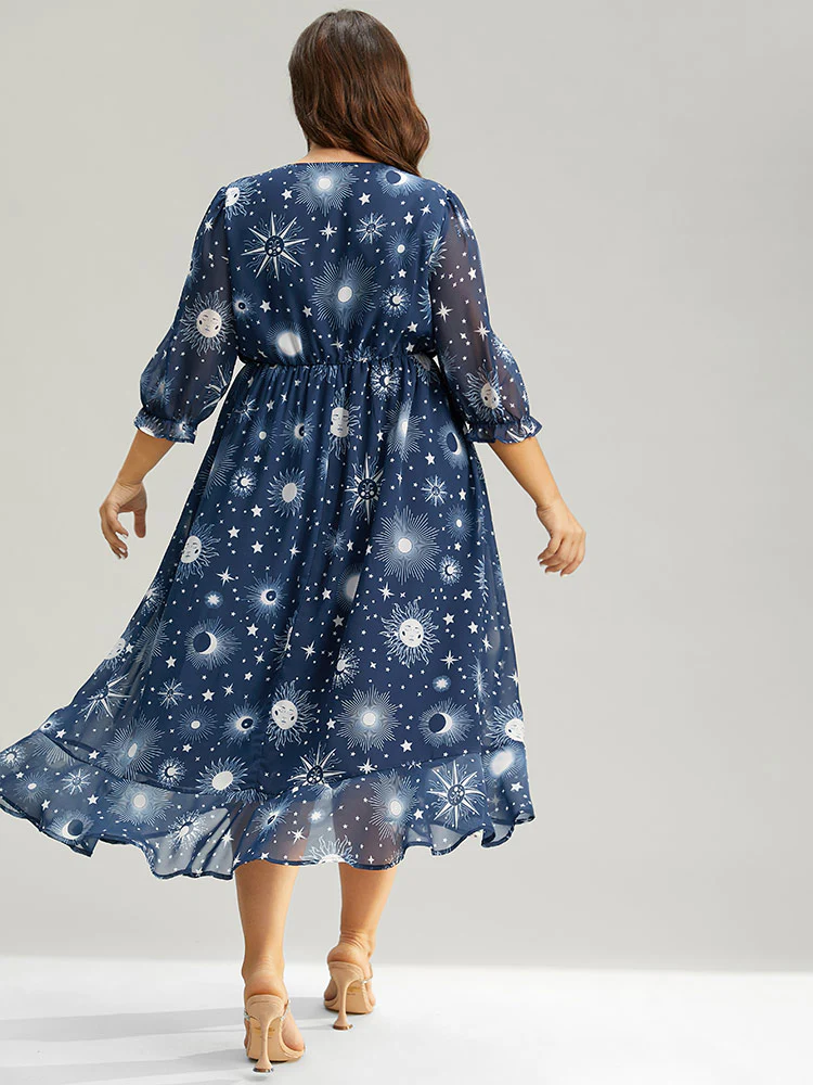 Christmas Moon & Star Ruffles Mesh Wrap Dress - Image 3