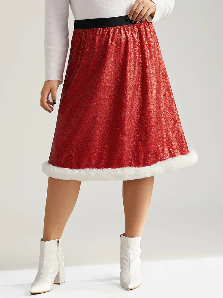 Christmas Sequin Patchwork Fuzzy Trim Skirt