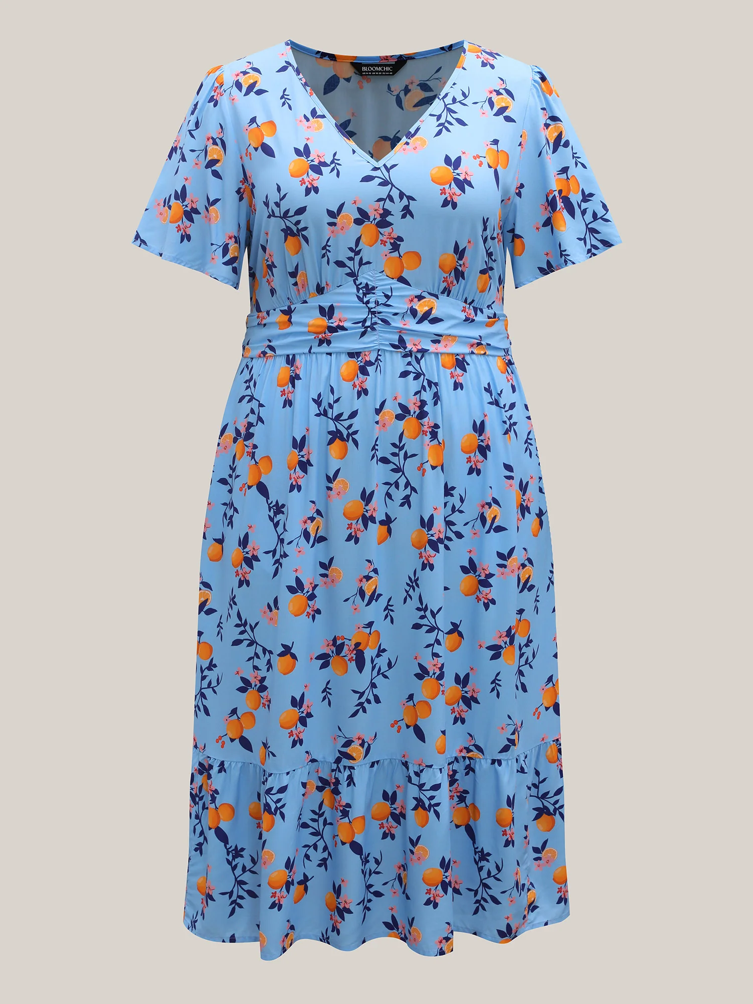Citrus Print Cinched-Waist Midi Dress - Image 7