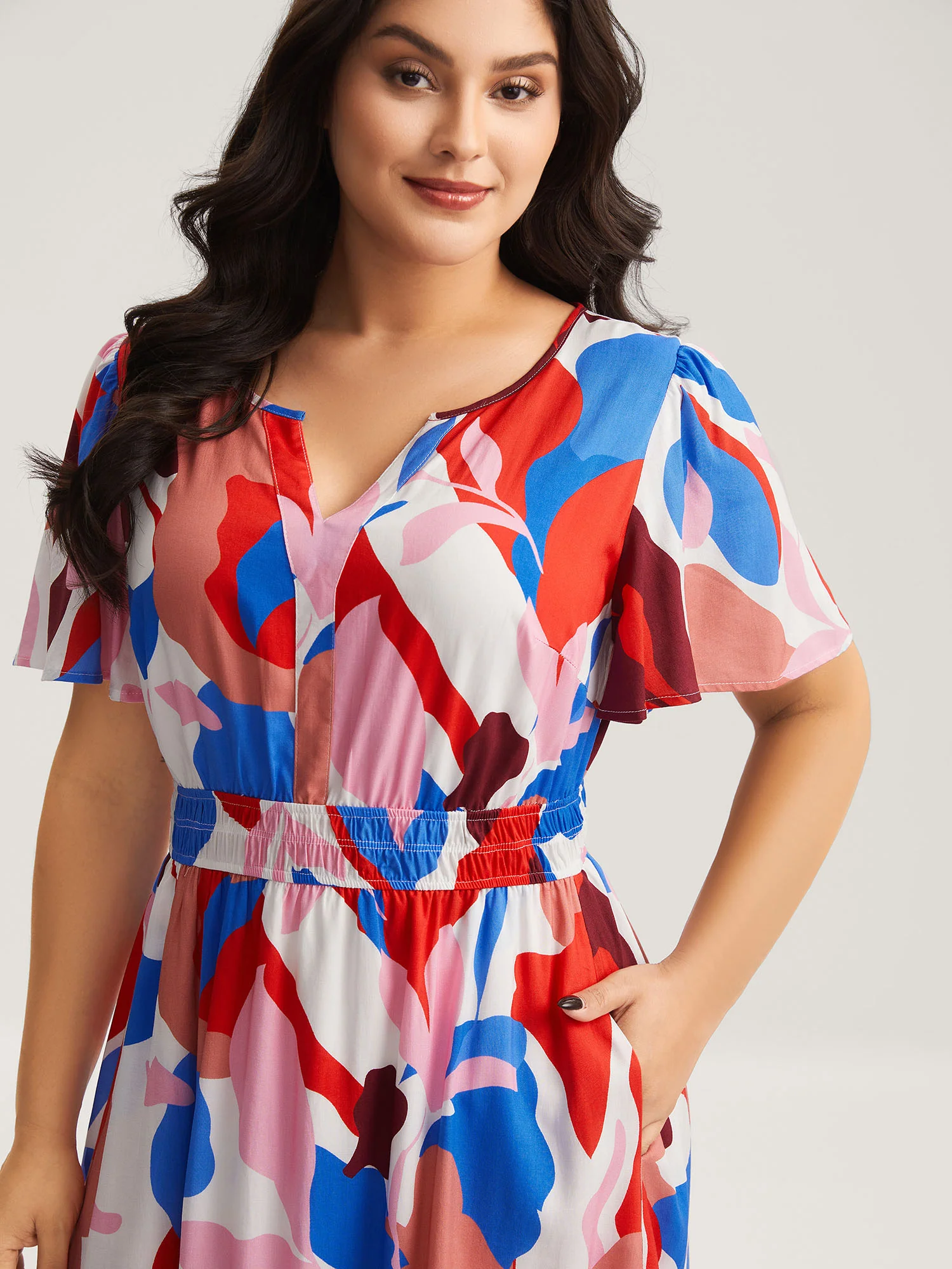 Color Block Stretchy Notched Midi Dress - Image 2