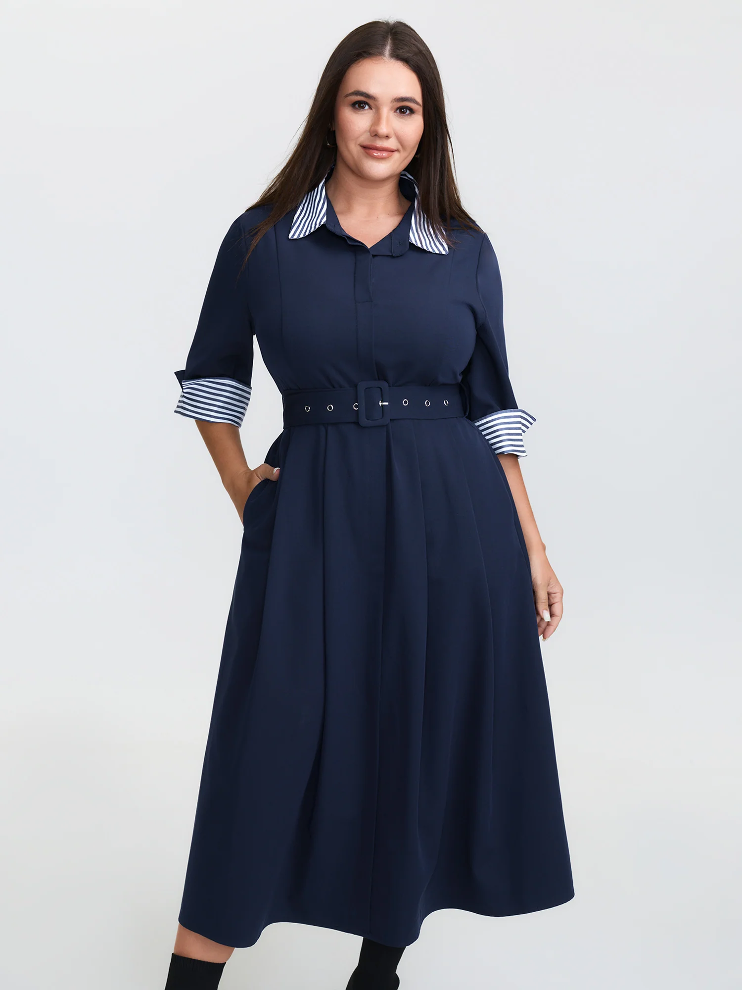 Color Contrast Cuffs Belted Midi Dress - Image 2