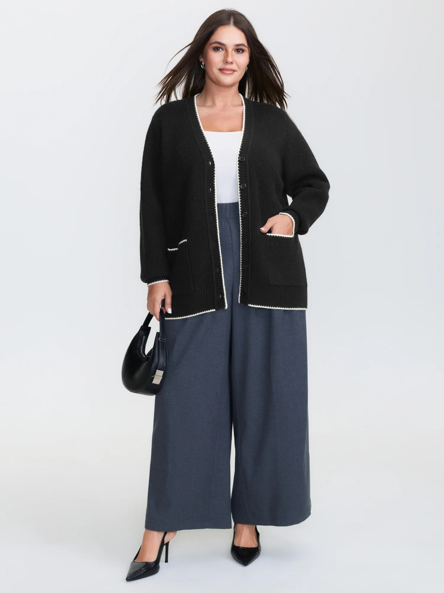 Color Contrast Edged V-Neck Knit Cardigan