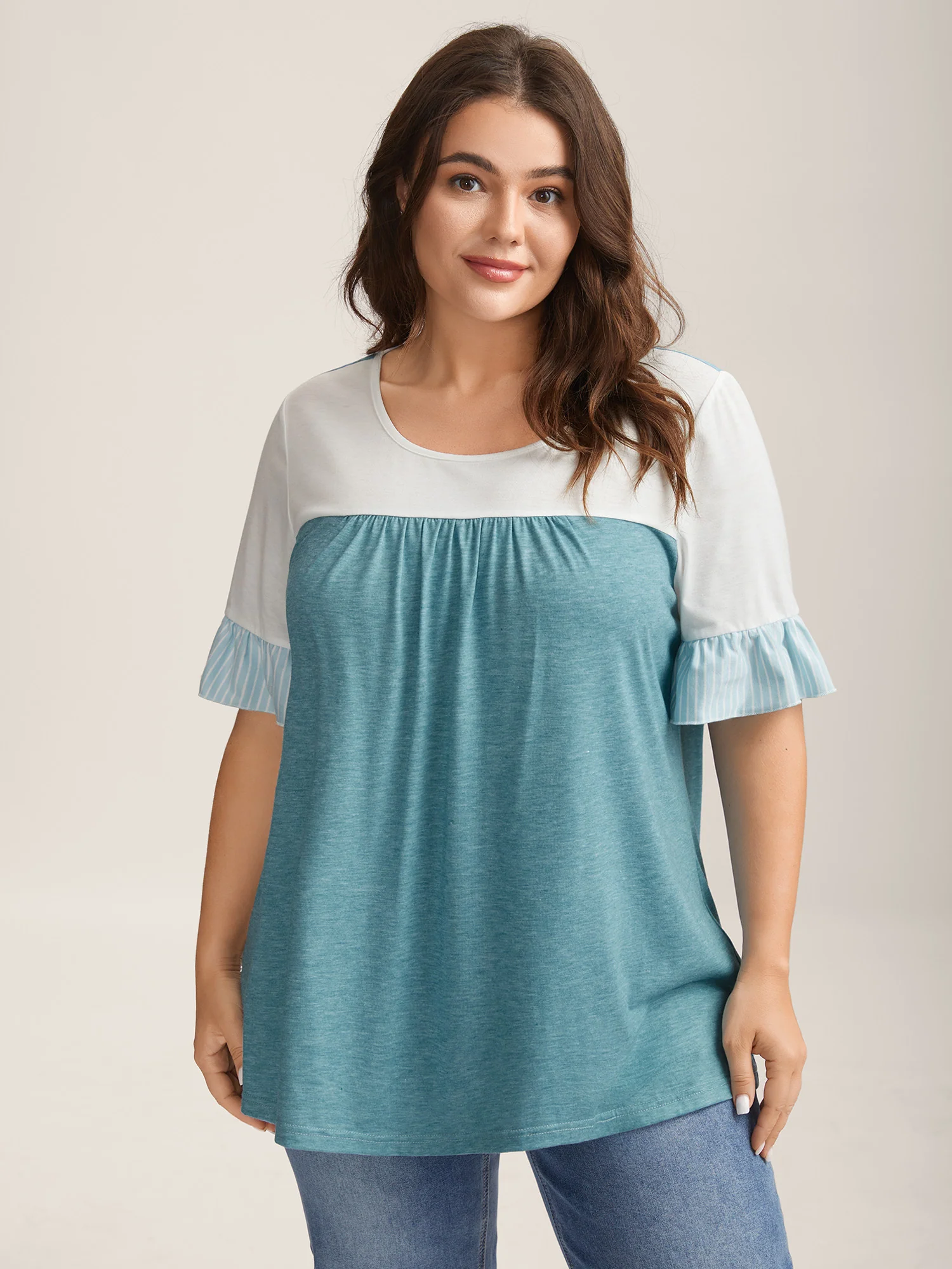 Color Contrast Lotus Leaf Sleeve T-Shirt - Image 2