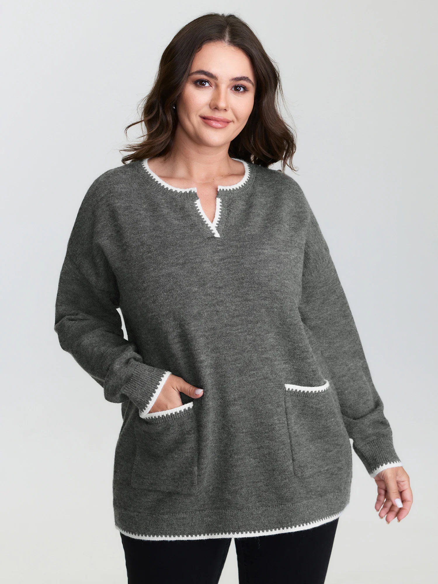 Color Contrast Patch Pockets Split Neckline Pullover