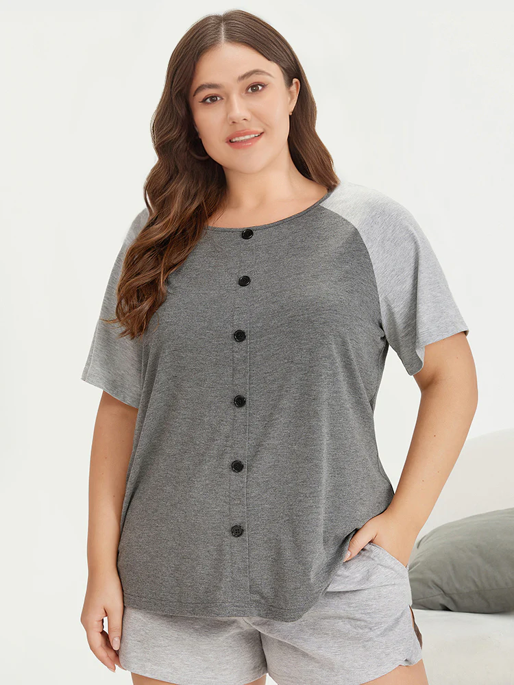 Colorblock Contrast Button Detail Raglan Sleeve Sleep Top - Image 4
