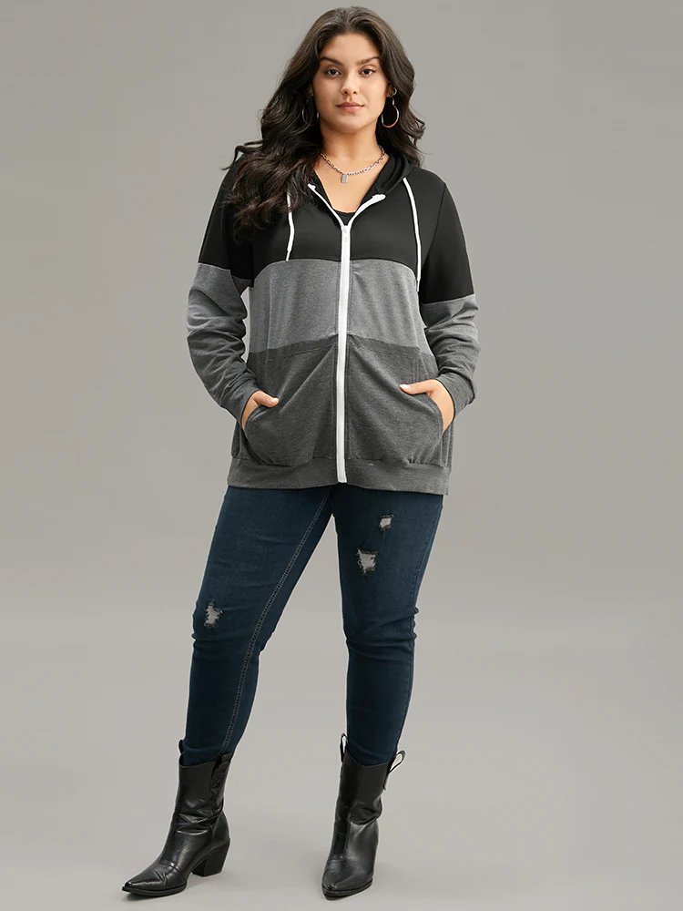 Colorblock Contrast Drawstring Zipper Hooded Sweatshirt - Image 4