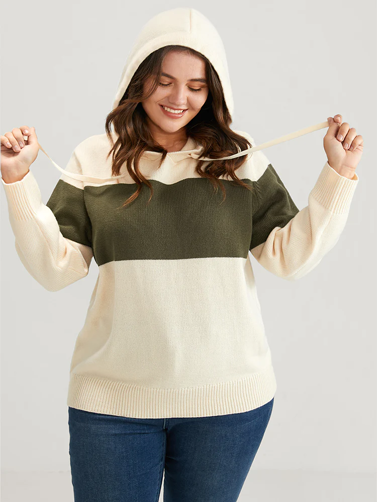 Colorblock Contrast Pointelle Knit Drawstring Hooded Knit Top - Image 2