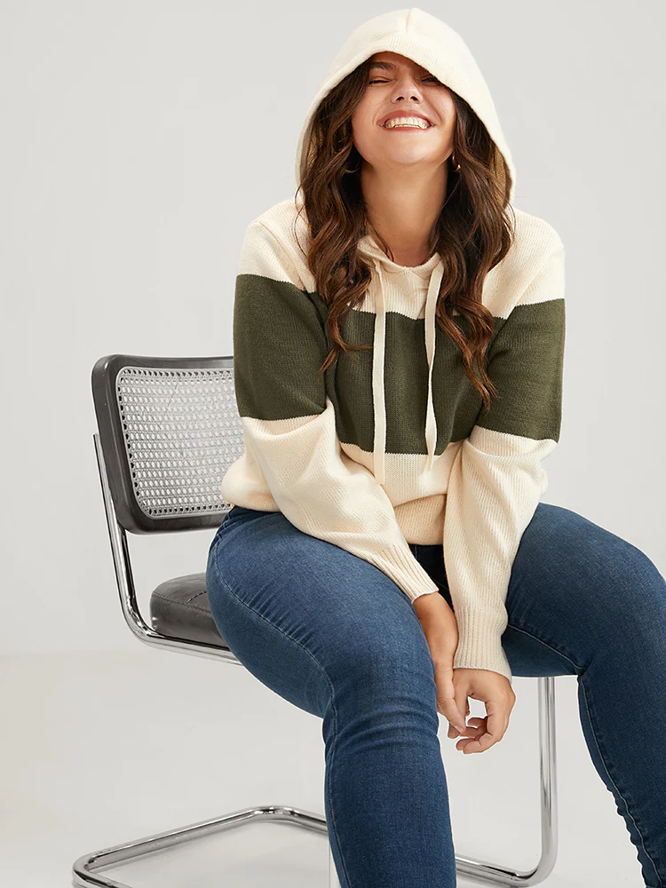 Colorblock Contrast Pointelle Knit Drawstring Hooded Knit Top - Image 4