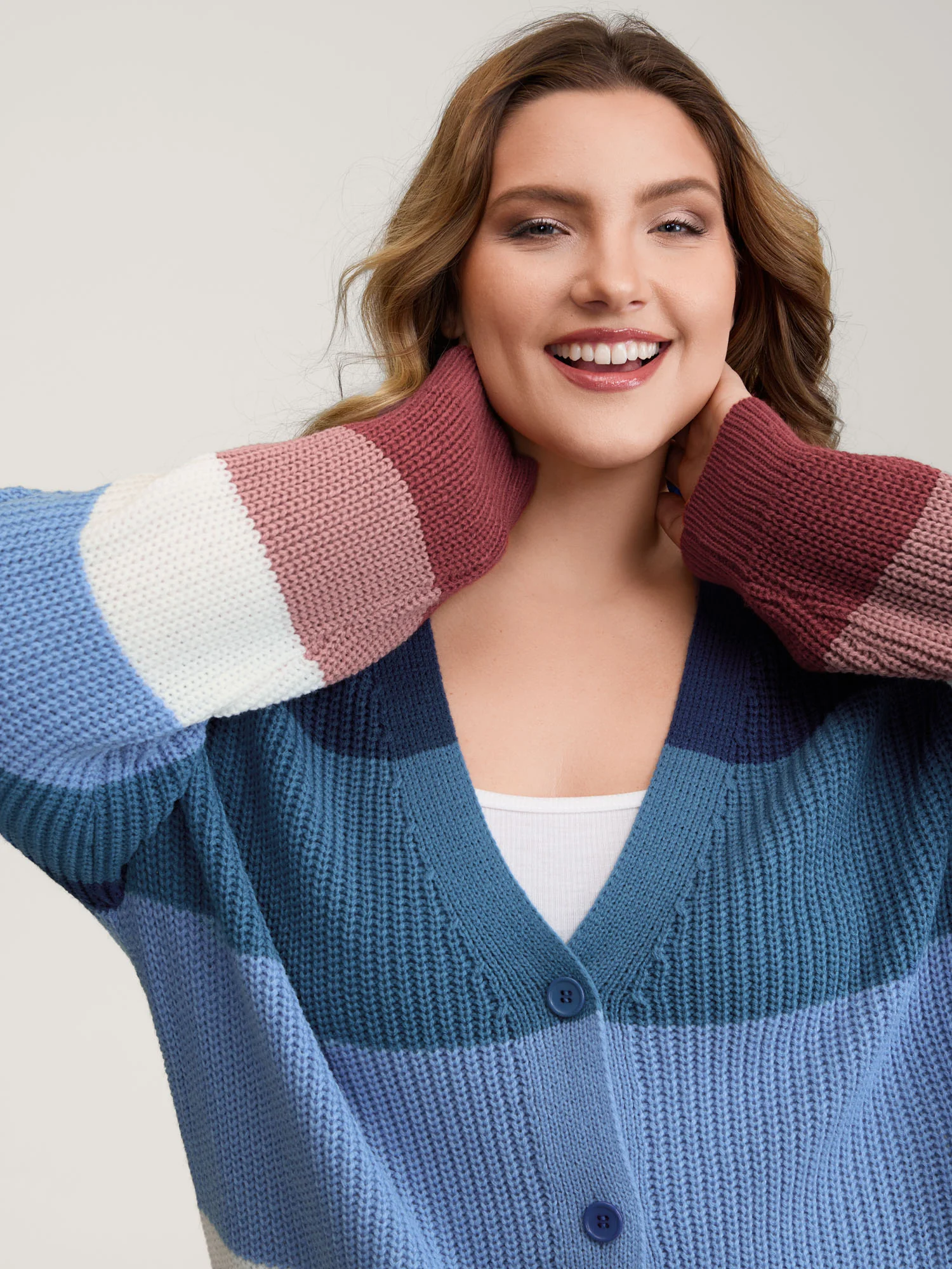 Colorblock Contrast Texture Button Cardigan - Image 18
