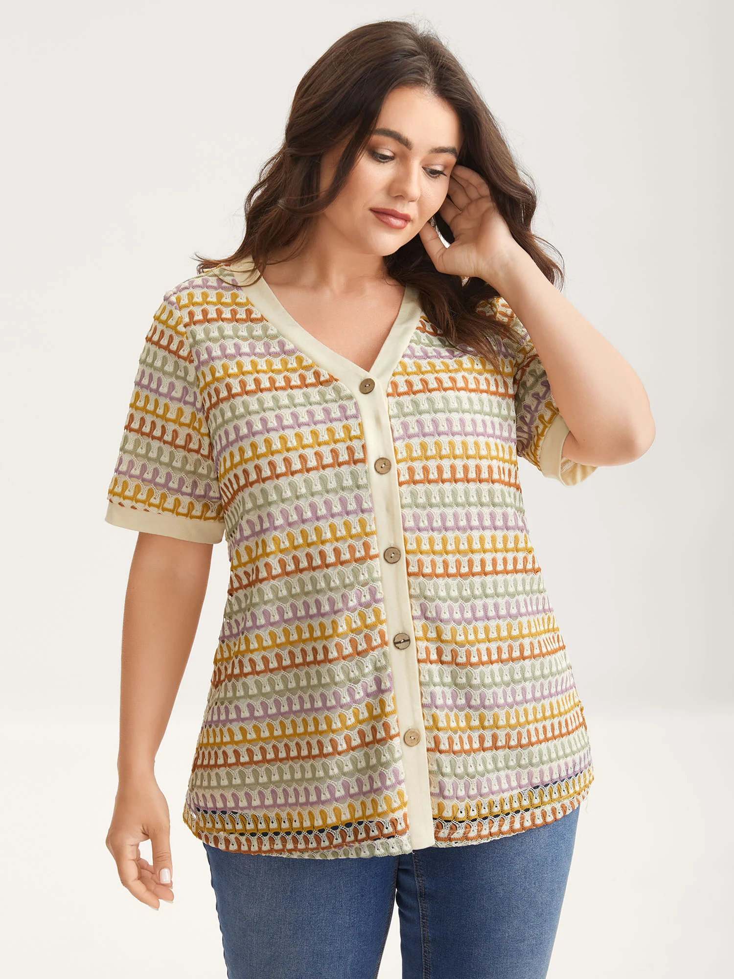 Colorful Crochet Stretchy Button T-Shirt