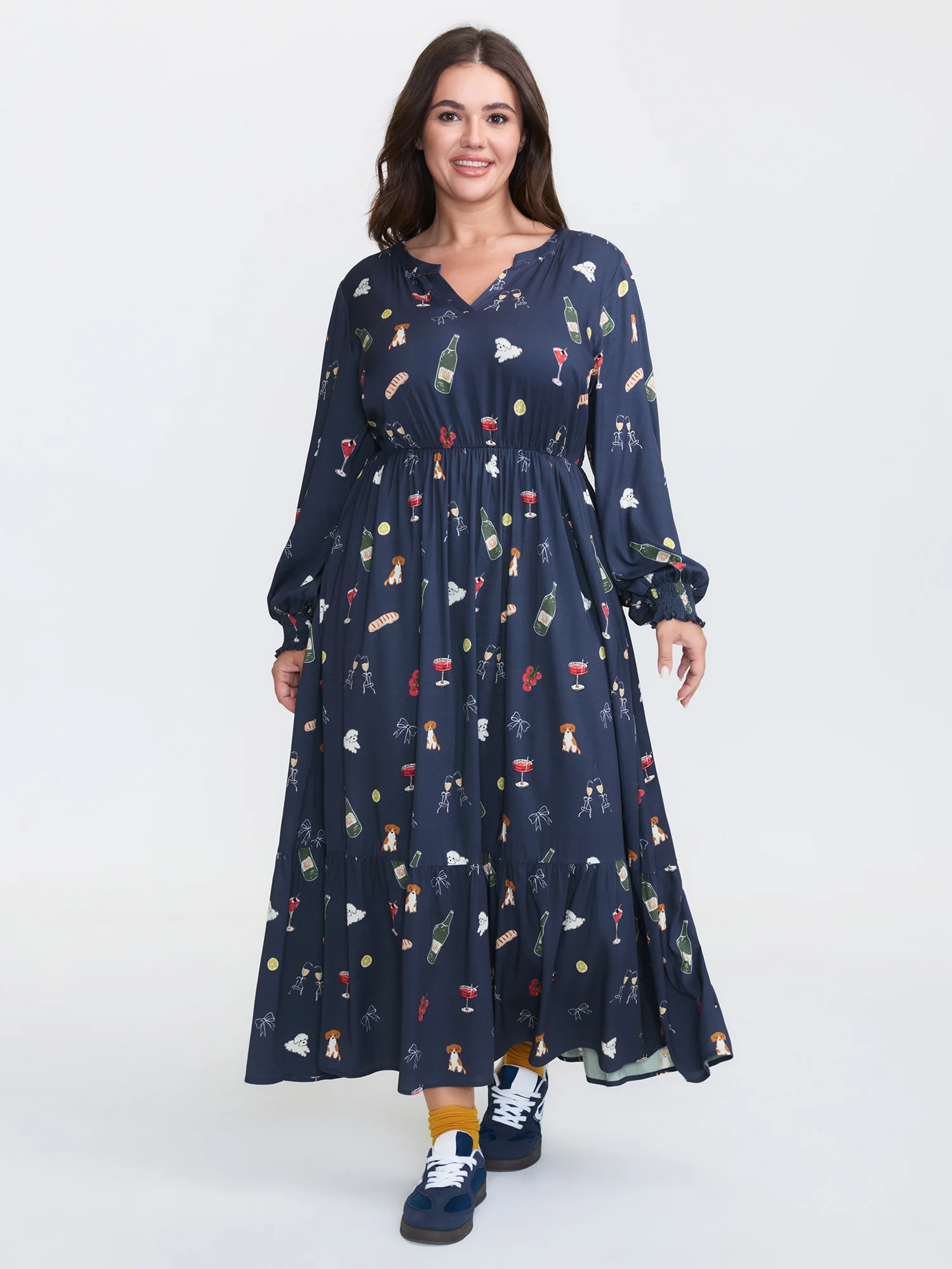 Colorful Pattern Shirred Pockets Midi Dress