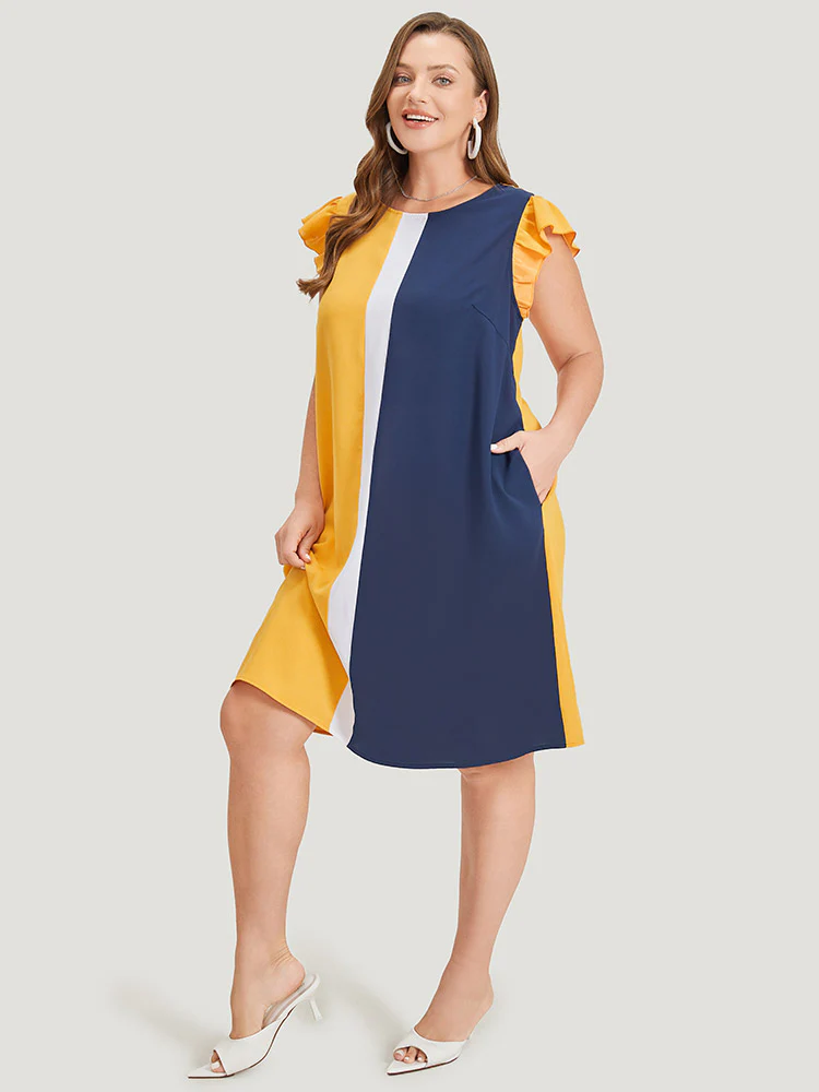 Contrast Patchwork Pocket Ruffle Cap Sleeve Dress - Image 5