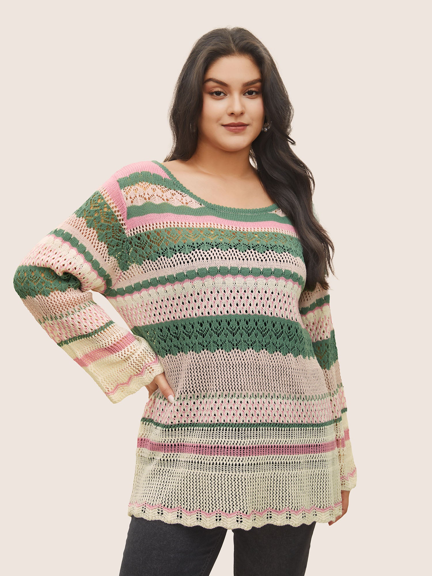Contrast Striped Cut Out Bell Sleeve Pullover